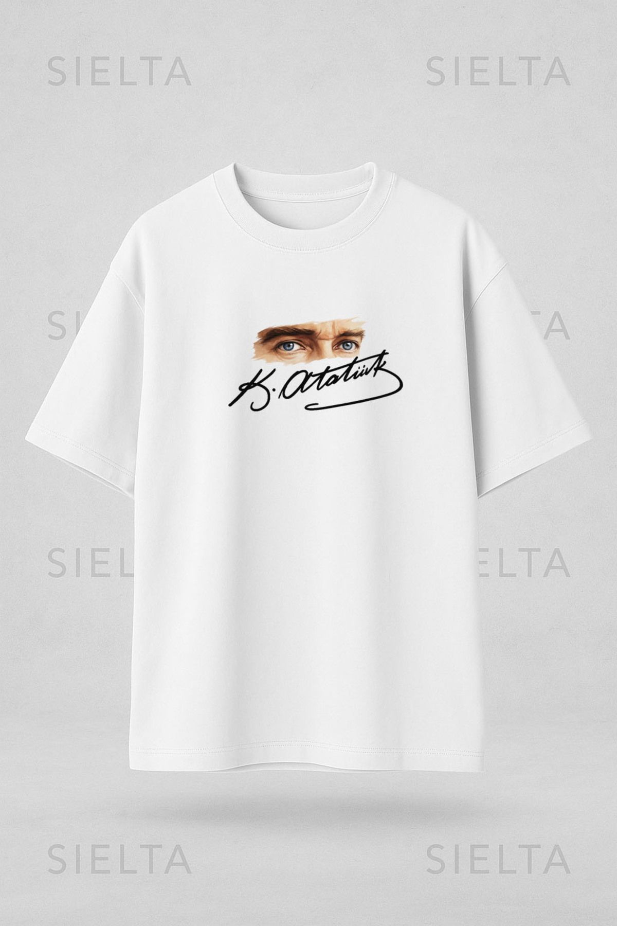 sielta Mustafa Kemal Atatürk Baskılı Bisiklet Yaka Oversize Beyaz Tişört T-shirt