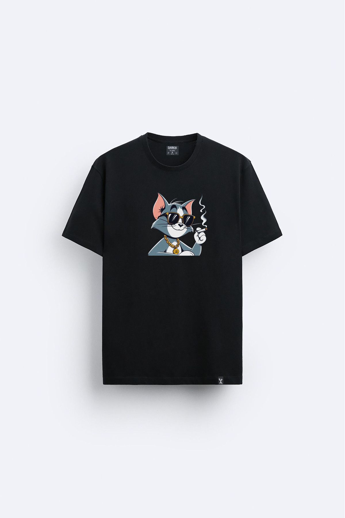 sielta Patron Tom Cat Kedi Baskılı Bisiklet Yaka Siyah Tişört T-shirt