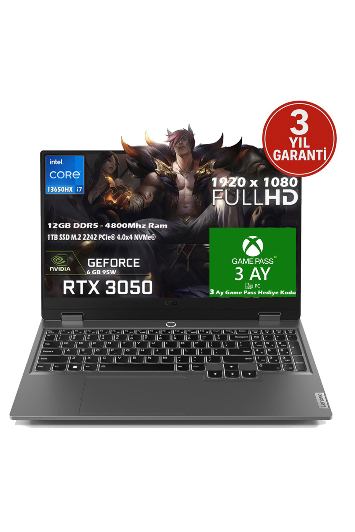 LOQ 15IRX9 Intel Core i7-13650HX 12GB 1TB SSD 6GB GeForce RTX 3050 15.6" FHD IPS Freedos 83DV011CTR