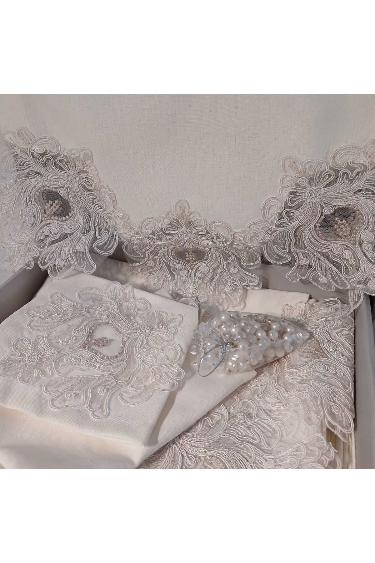 Vinezza Home Collection VİNEZZA HOME COLLECTİON 34 Parça Keten Dertsiz Fransız Dantelli Sofra Takımı