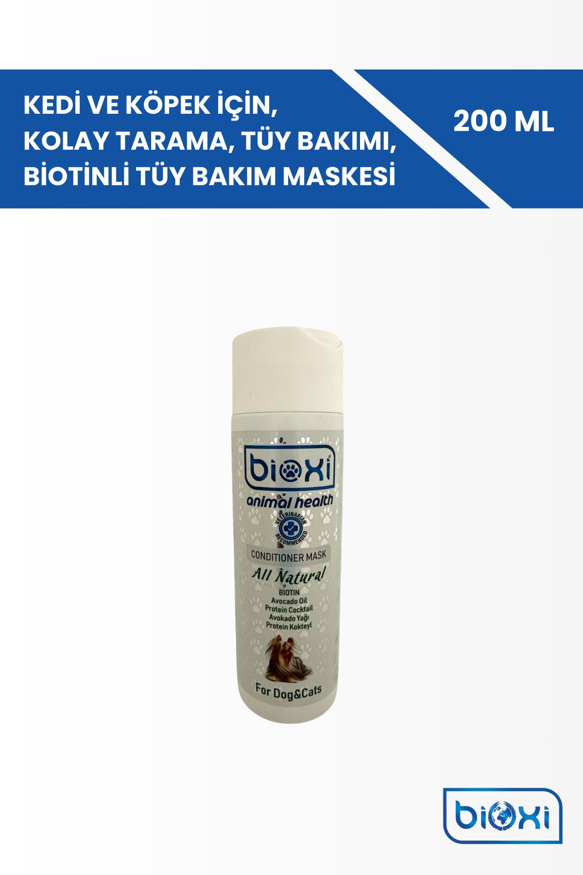 Bioxi Kedi ve Köpek İçin, Kolay Tarama, Tüy Bakımı, Biotinli Tüy Bakım Maskesi 200 ml