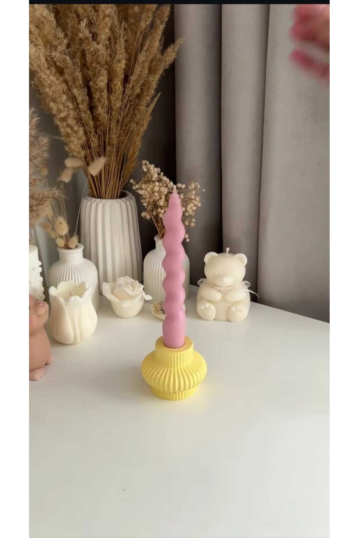 MUMELLA Dekoratif Çizgili Sarı Şamdan Mumluk 2'li Set