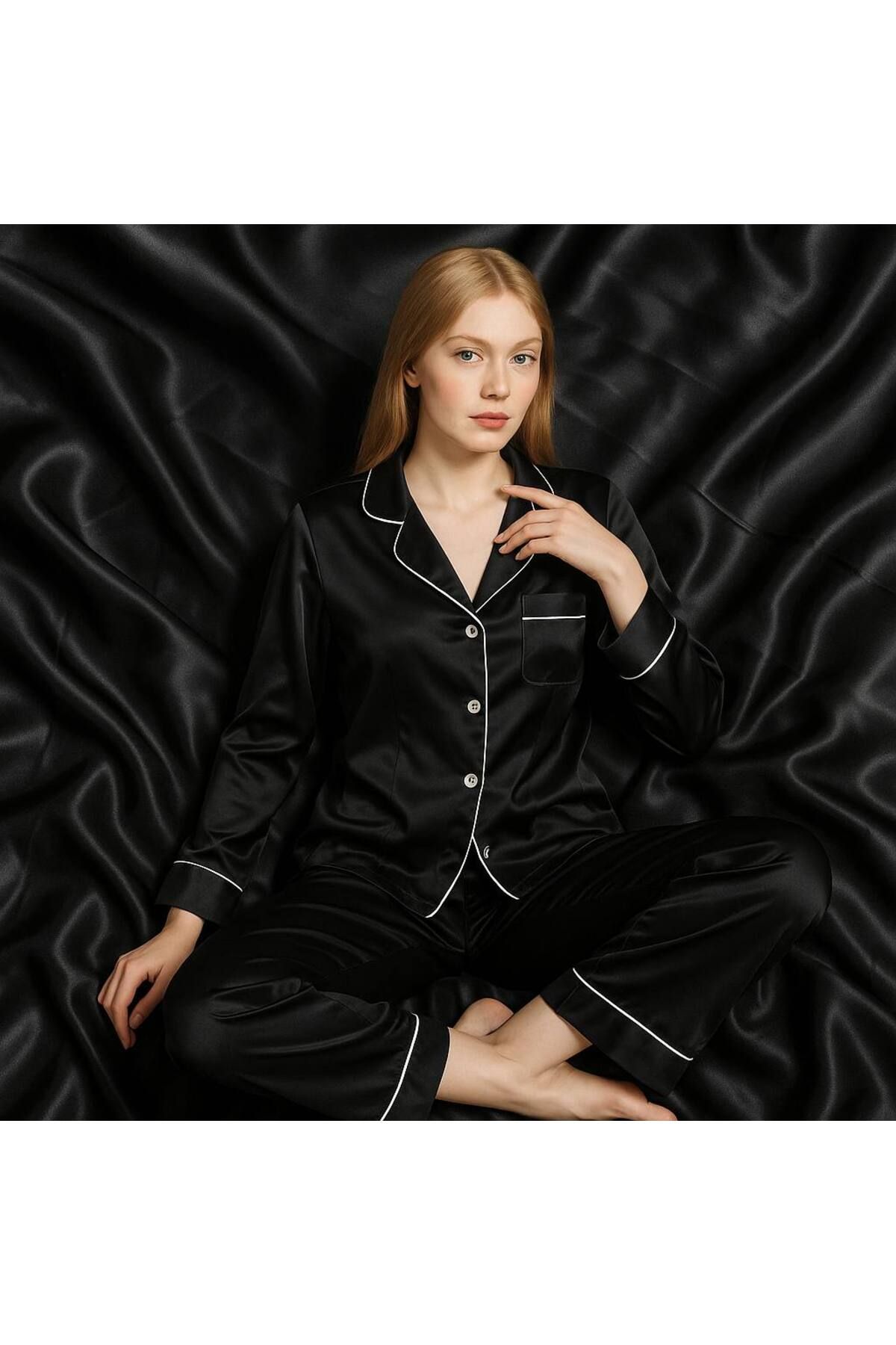 FEMYNA Siyah Kadın Pijama Takımı – Uzun Kollu Düğmeli Şık Takım