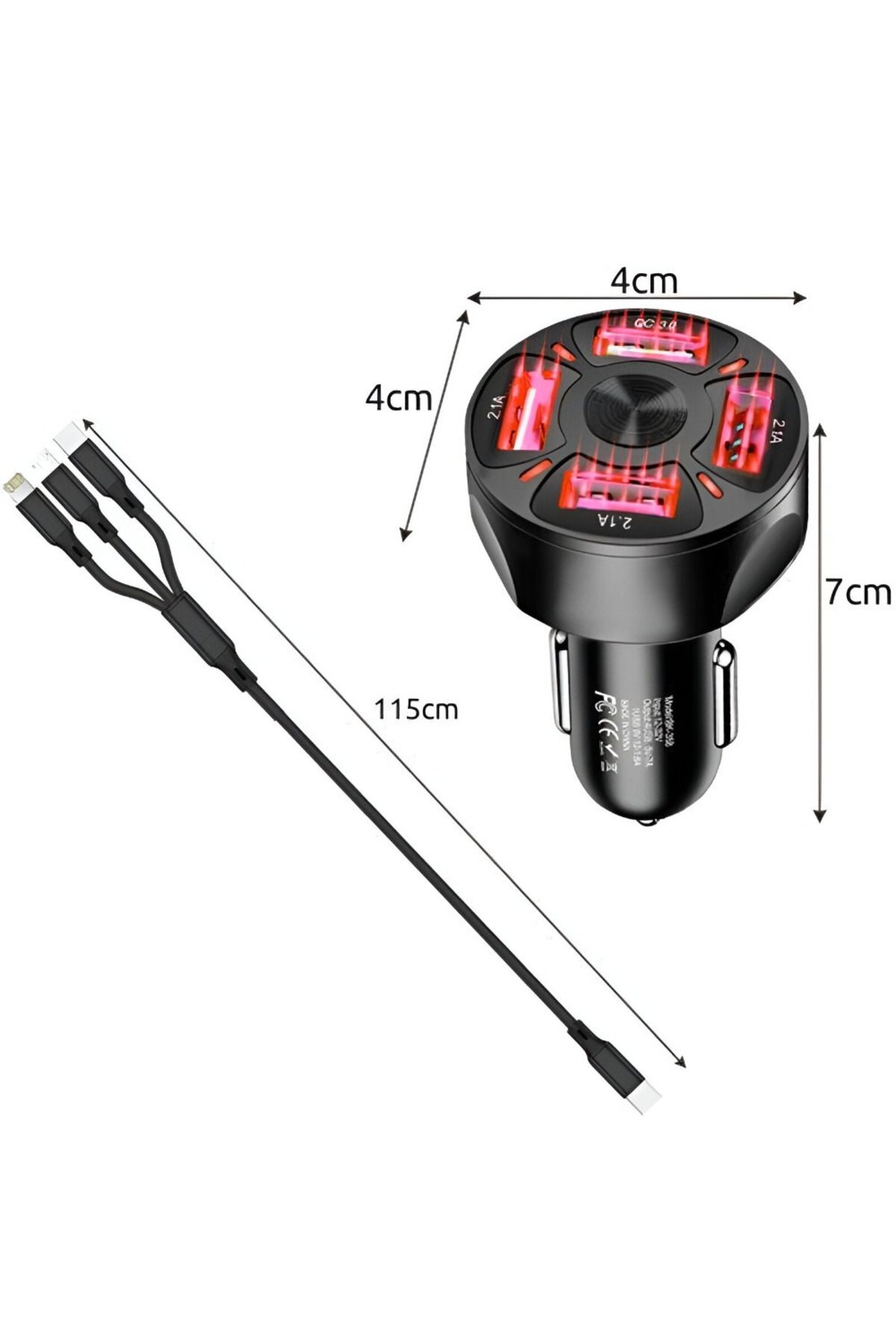 Velixo-Încărcător auto, 4 porturi USB, QC3.0, LED, 12-32V, cu cablu 3 în 1: Micro USB, Lightning, Tip C 7