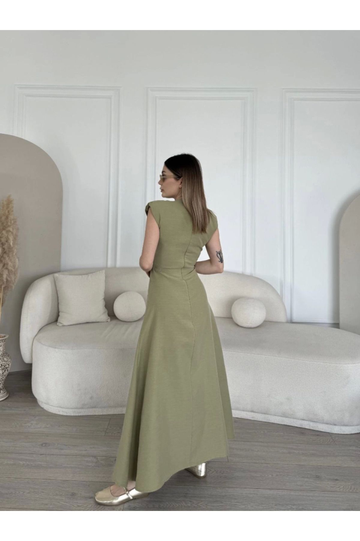 velmorafashion Keten Yandan Yırtmaçlı Uzun Sıfır Kolsuz Elbise - Yeşil