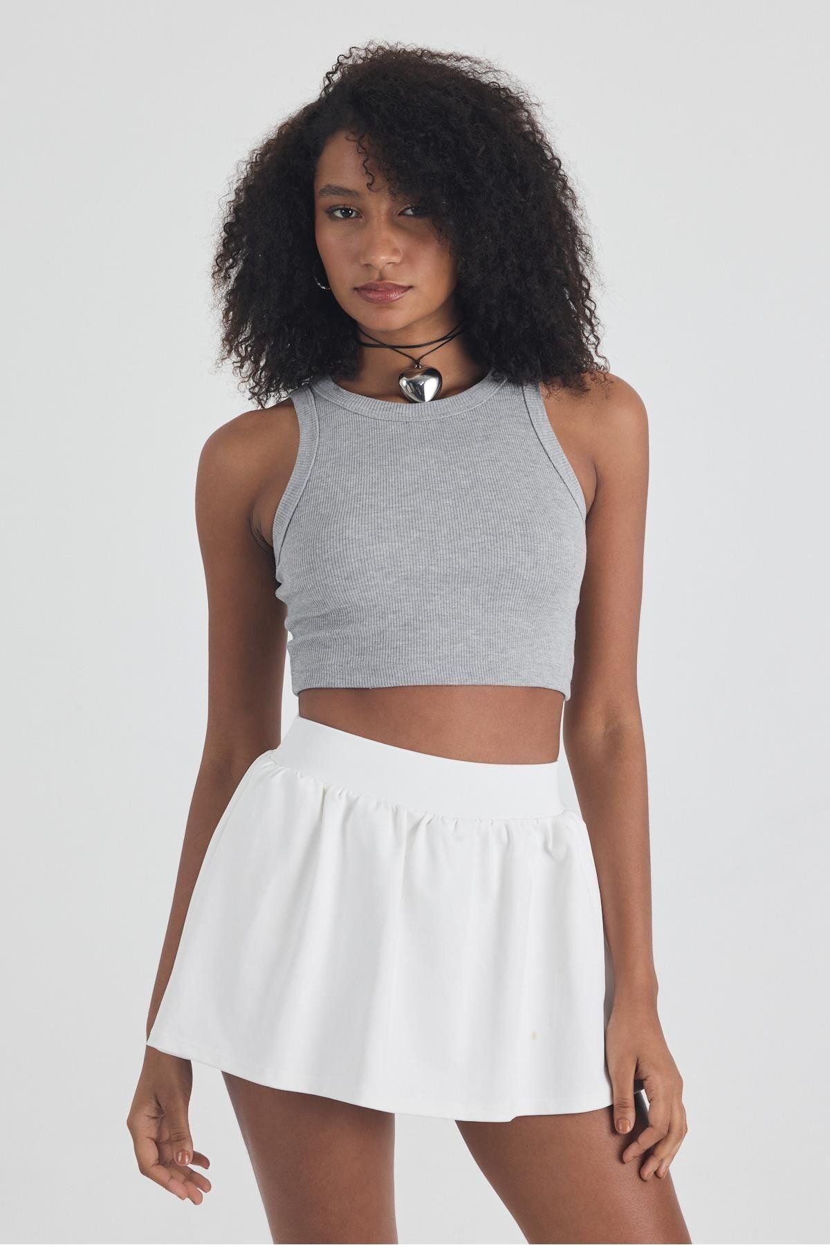 FİHA /3049-KADIN KAŞKORSE BİYELİ CROP - GRİ