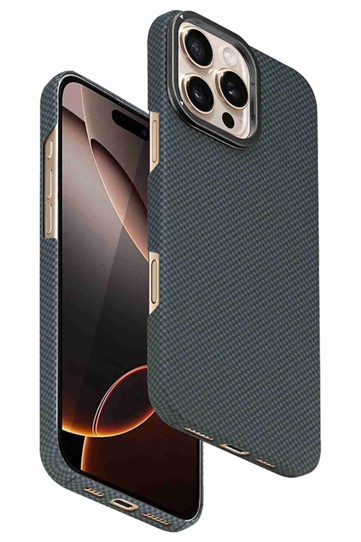 Fuchsia iPhone 16 Pro Uyumlu Fuchsia Lens Standlı Manyetik Şarj Özellikli Kevlar Telefon Kılıfı