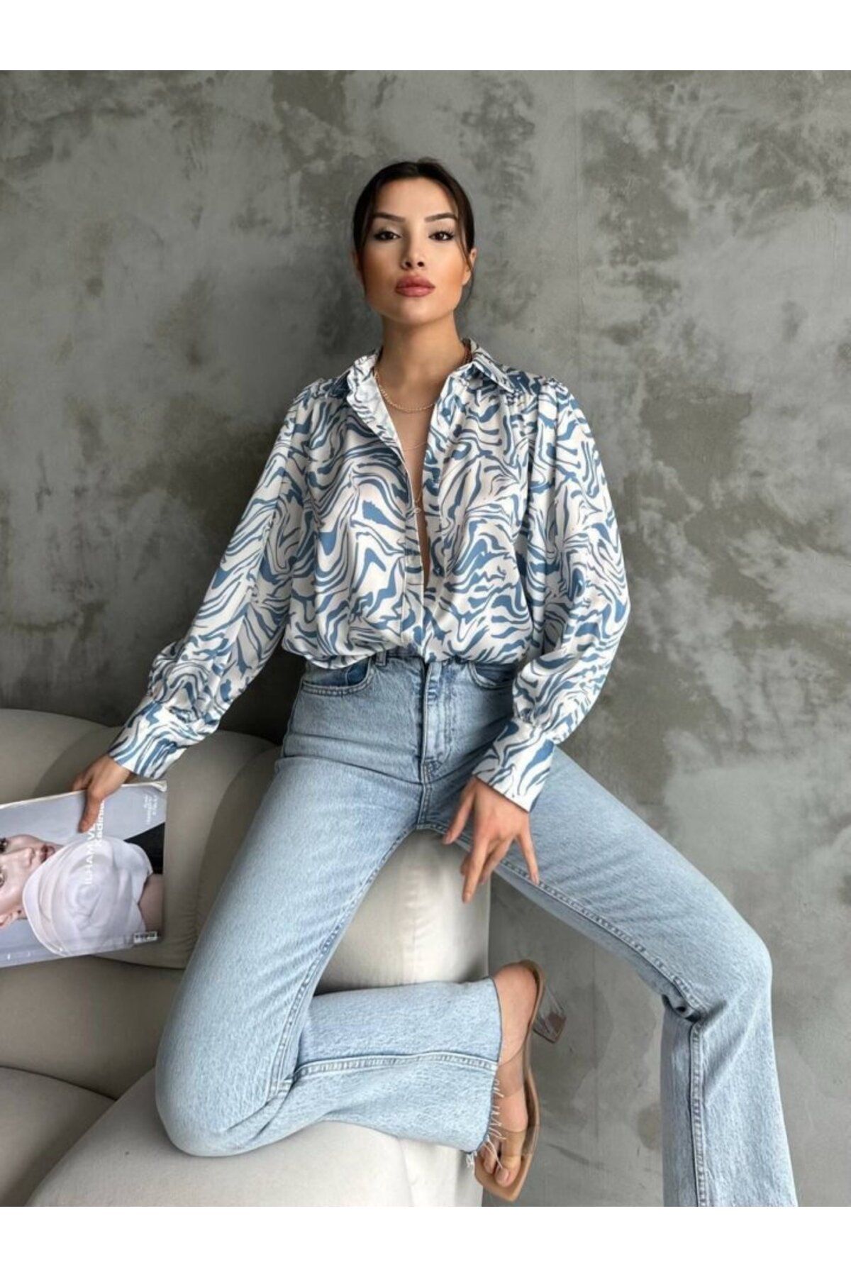 velmorafashion Desenli Dökümlü Saten Gömlek