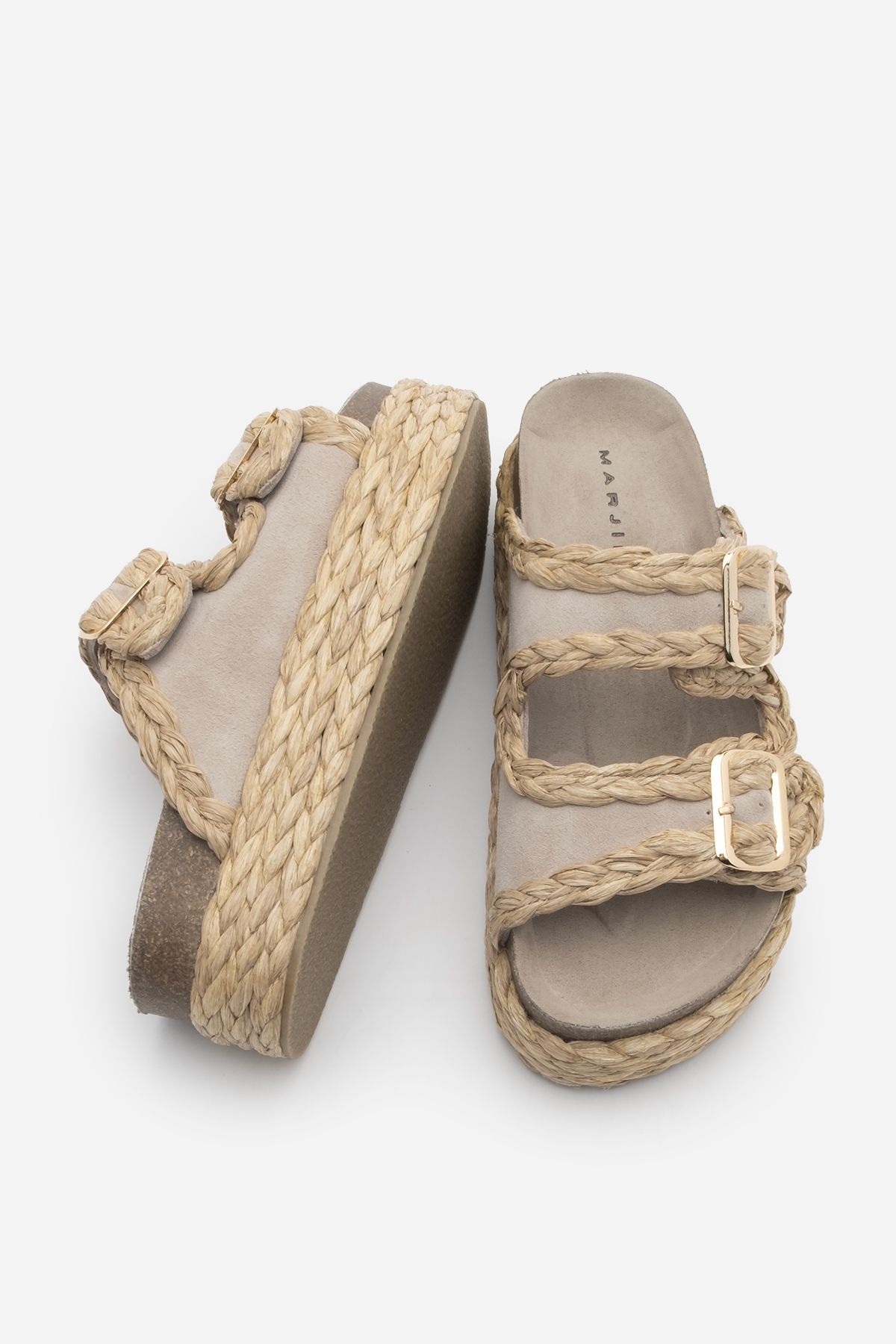 Marjin-Women's Genuine Leather Thick Straw Sole Double Banded Braided Daily Slippers Barno Beige Suede 7