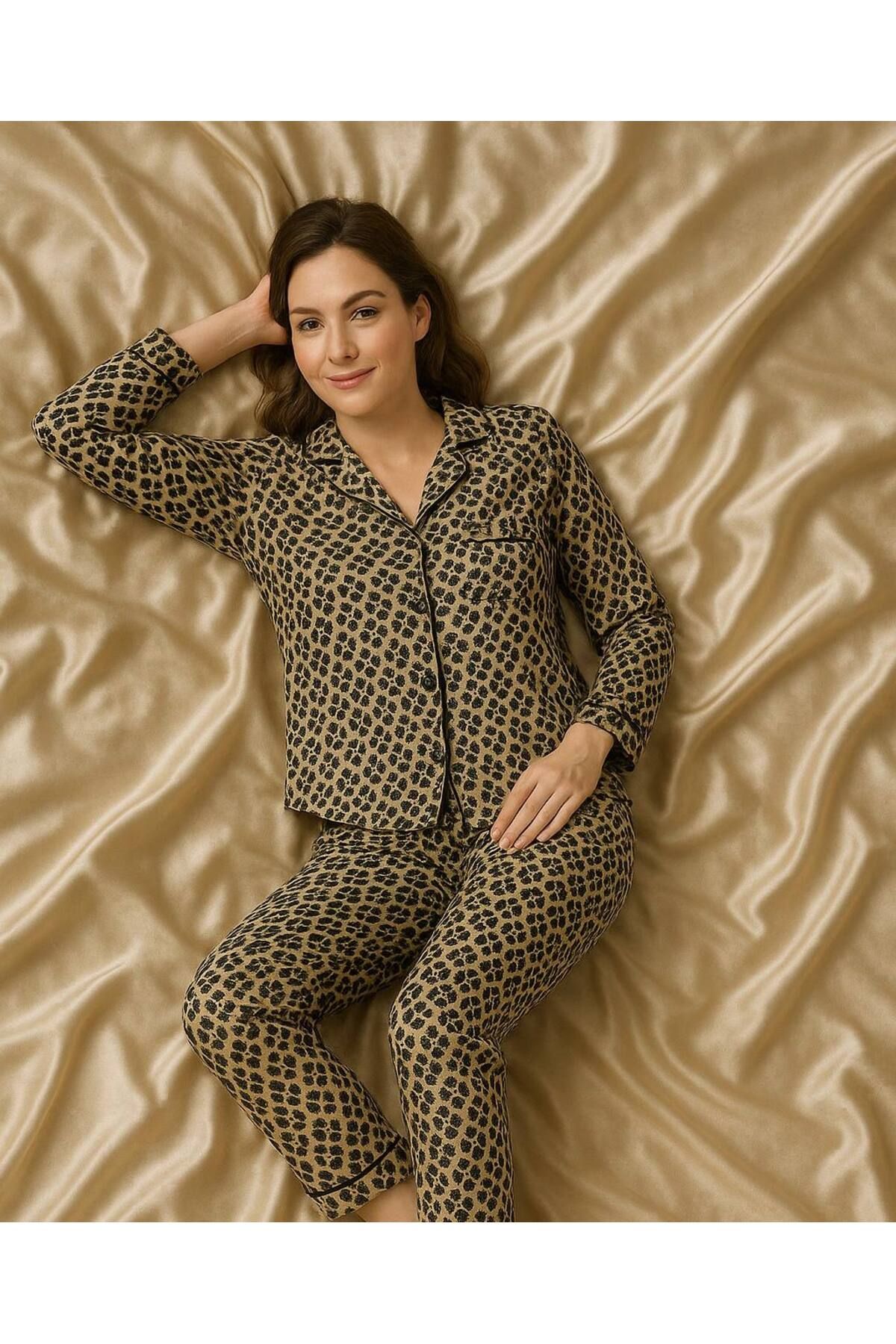 FEMYNA Leopar Desenli Kadın Pijama Takımı – Şık ve Rahat Uzun Kollu Takım