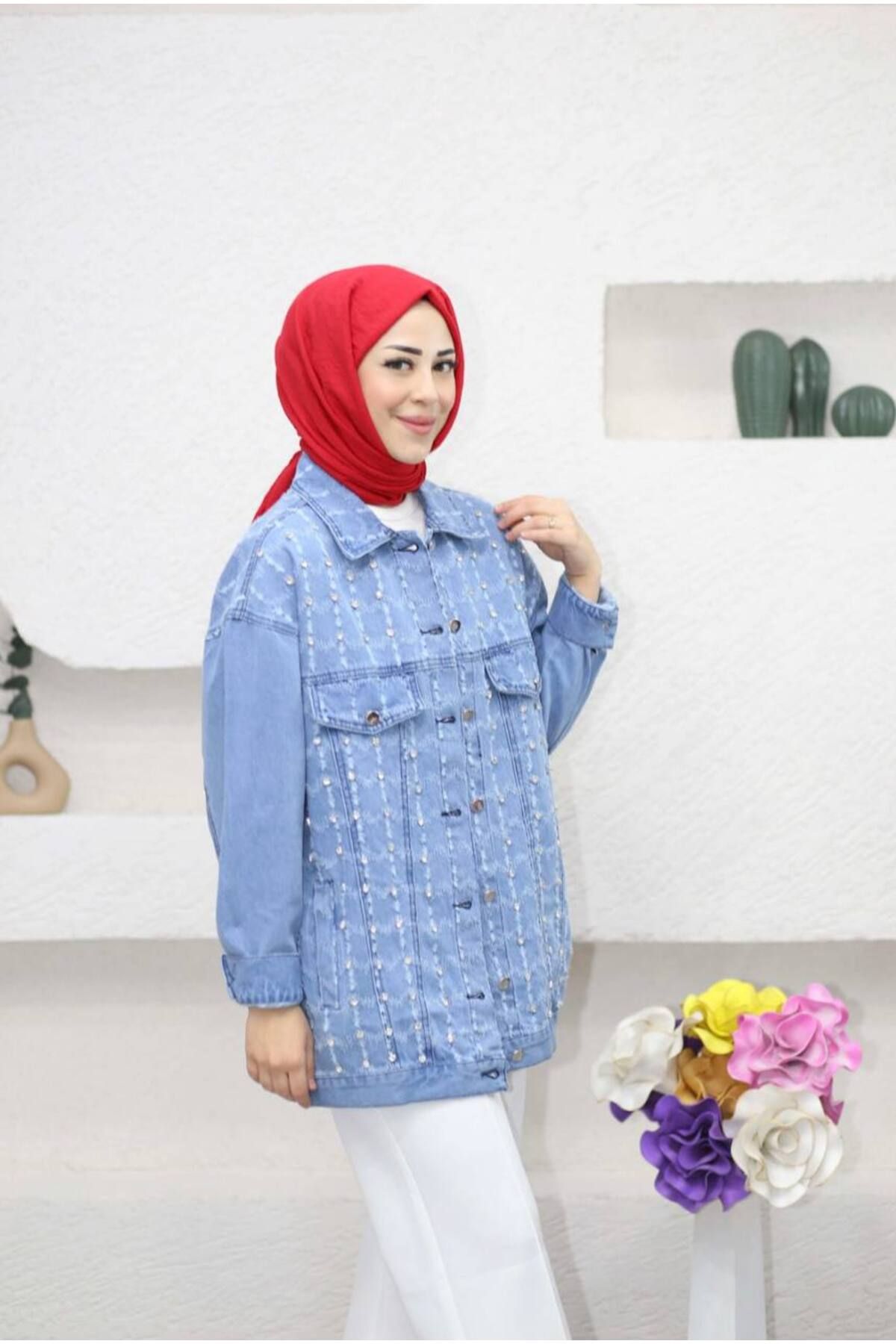 Suede Style 5446 - Lazer Detaylı Taşlı Şık Kadın Kot Ceket
