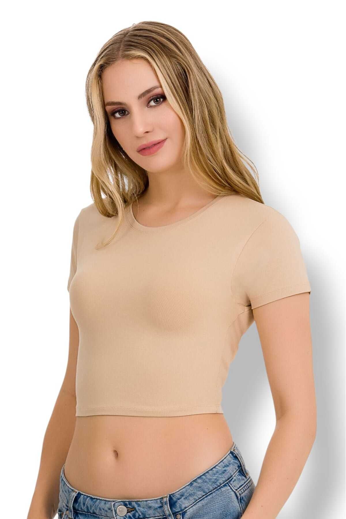 Fanilam İlke Kadın Elestan Kısa Kollu Crop -Pamuklu Şık Ve Rahat Yarım Atlet Body 2 adet