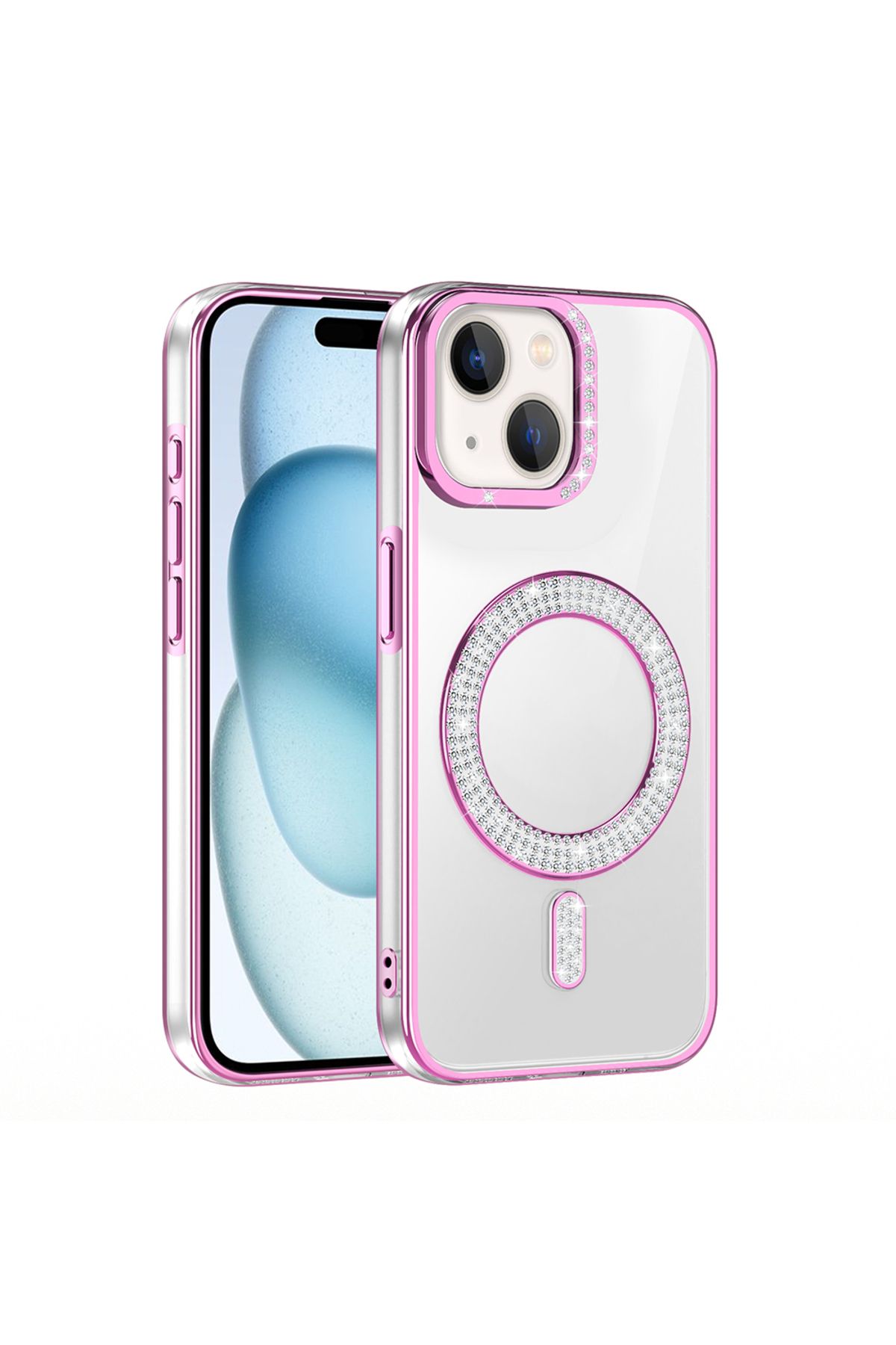 Strap U Apple iPhone 14 Kılıf Pırlanta Taş Tasarımlı M-safe Şarj Özellikli Karetta Silikon Kapak