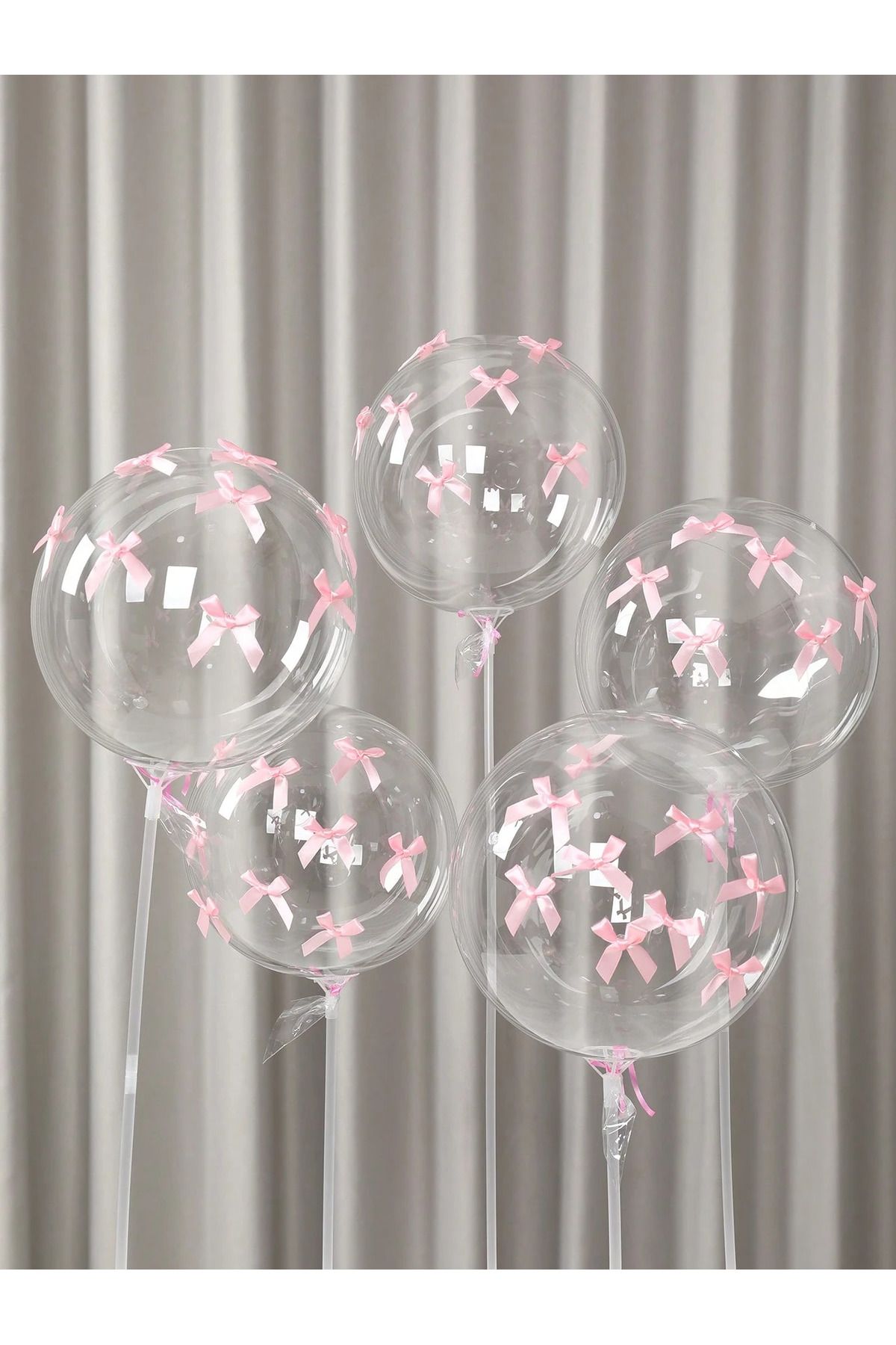 PartyPoo Toz Pembe Fiyonklu 5 Adet Şeffaf Bobo Balon 18 İnç Parti Düğün Nikah Süsü Doğum Günü Dekorasyon