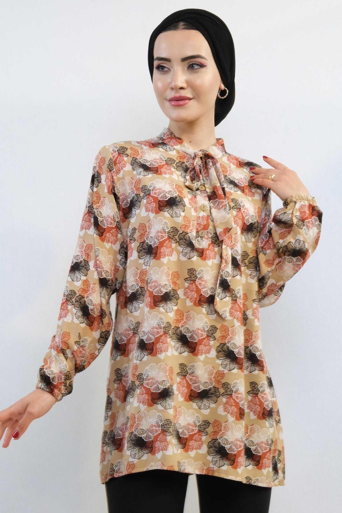 PuShe Moda Çizgi Kravatlı Bluz MC5172 Bej