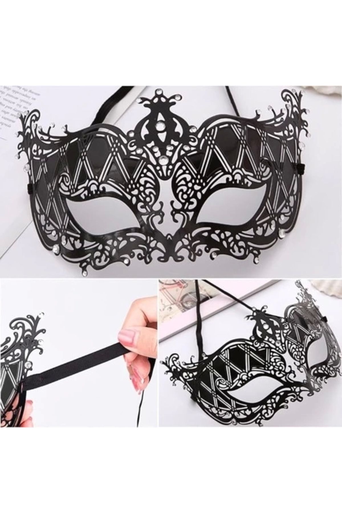 PRATİKOBA Kristal Gümüş Taşlı Siyah Lazer Kesim Metal Lüks Maske