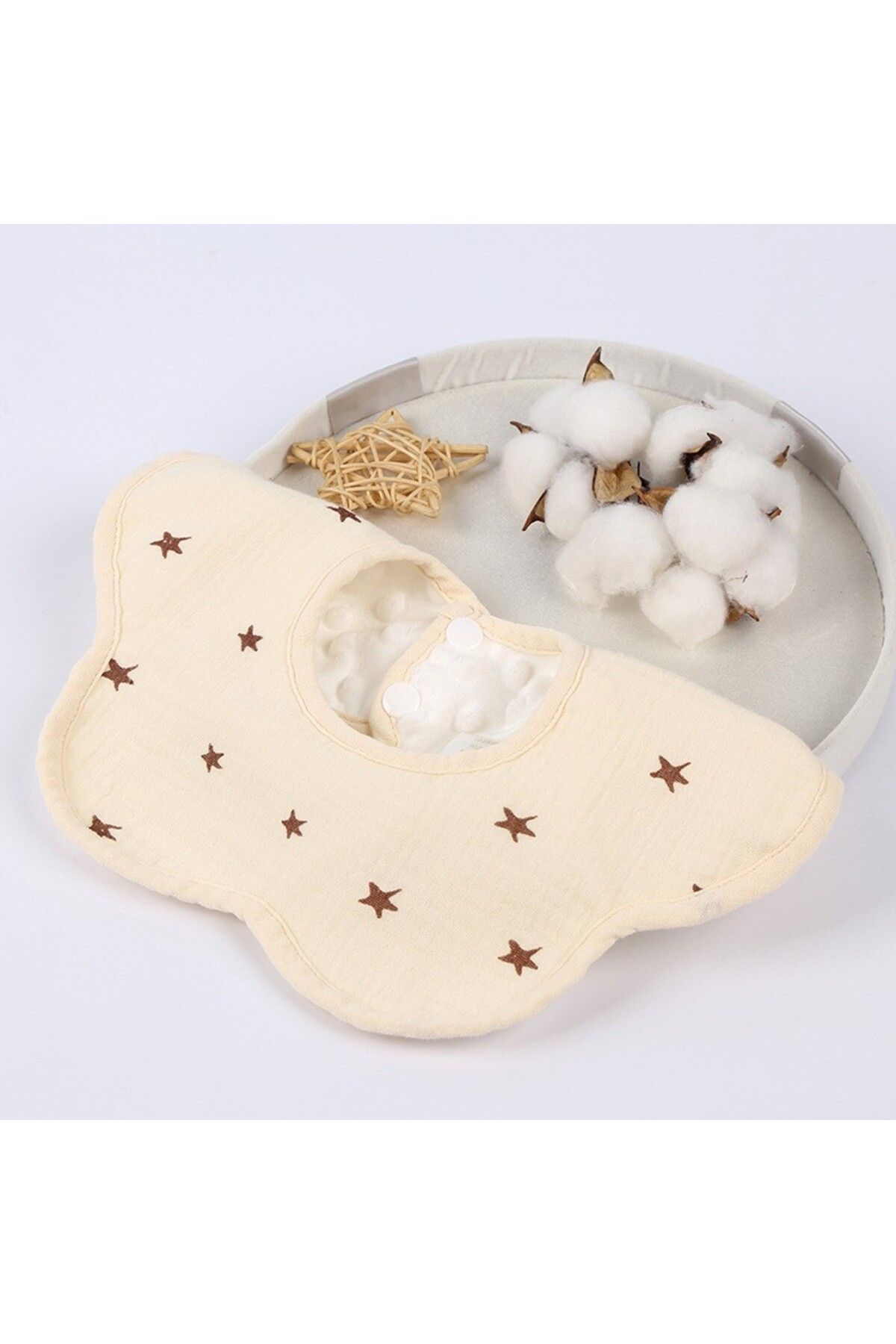 Flippy-Bavetă Bebe Floare, Bumbac, 0–12 Luni, Impermeabilă, Capse, Model Stele, 26x29 Cm, Crem 4
