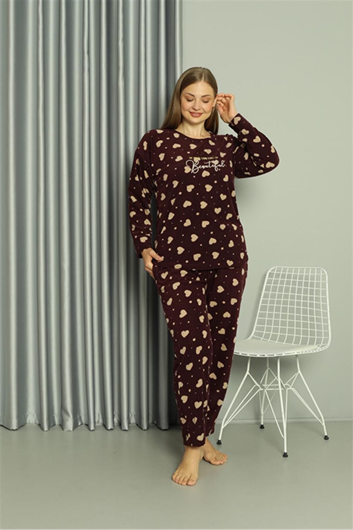 PuShe Moda Çizgi Welsoft Polar Kadın Büyük Beden Pijama Takımı 808041