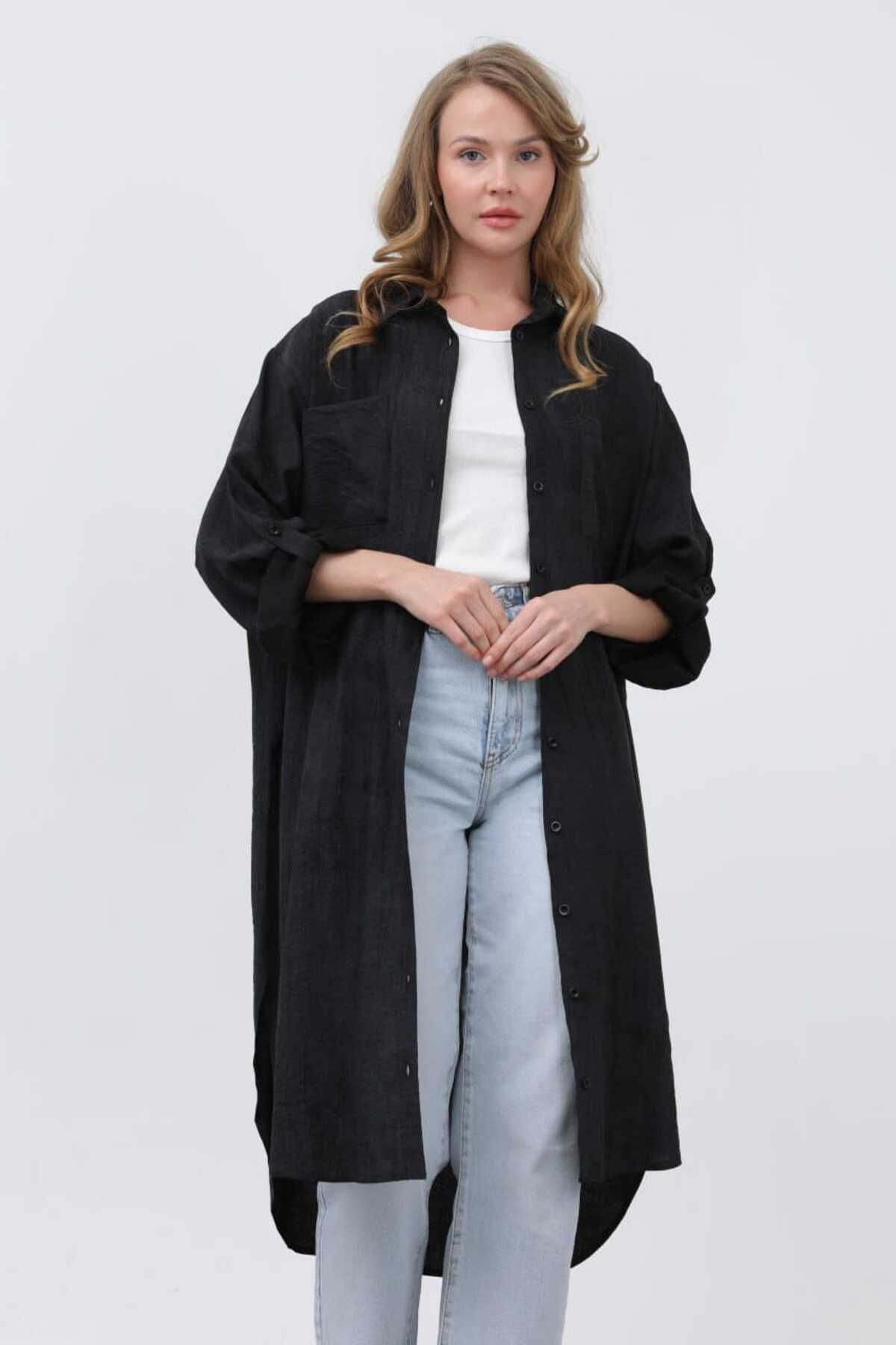 Puane Kadın Oversize Keten Görünümlü Düğmeli Tunik Gömlek