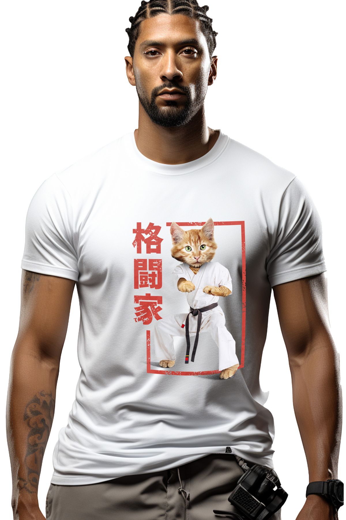 StoryGift Romania Tricou Bărbătesc Cu Pisică, Karate, Kung Fu, Centură Neagră, Luptător, Cu Imprimeu Pe Față, Stg Masculin - L