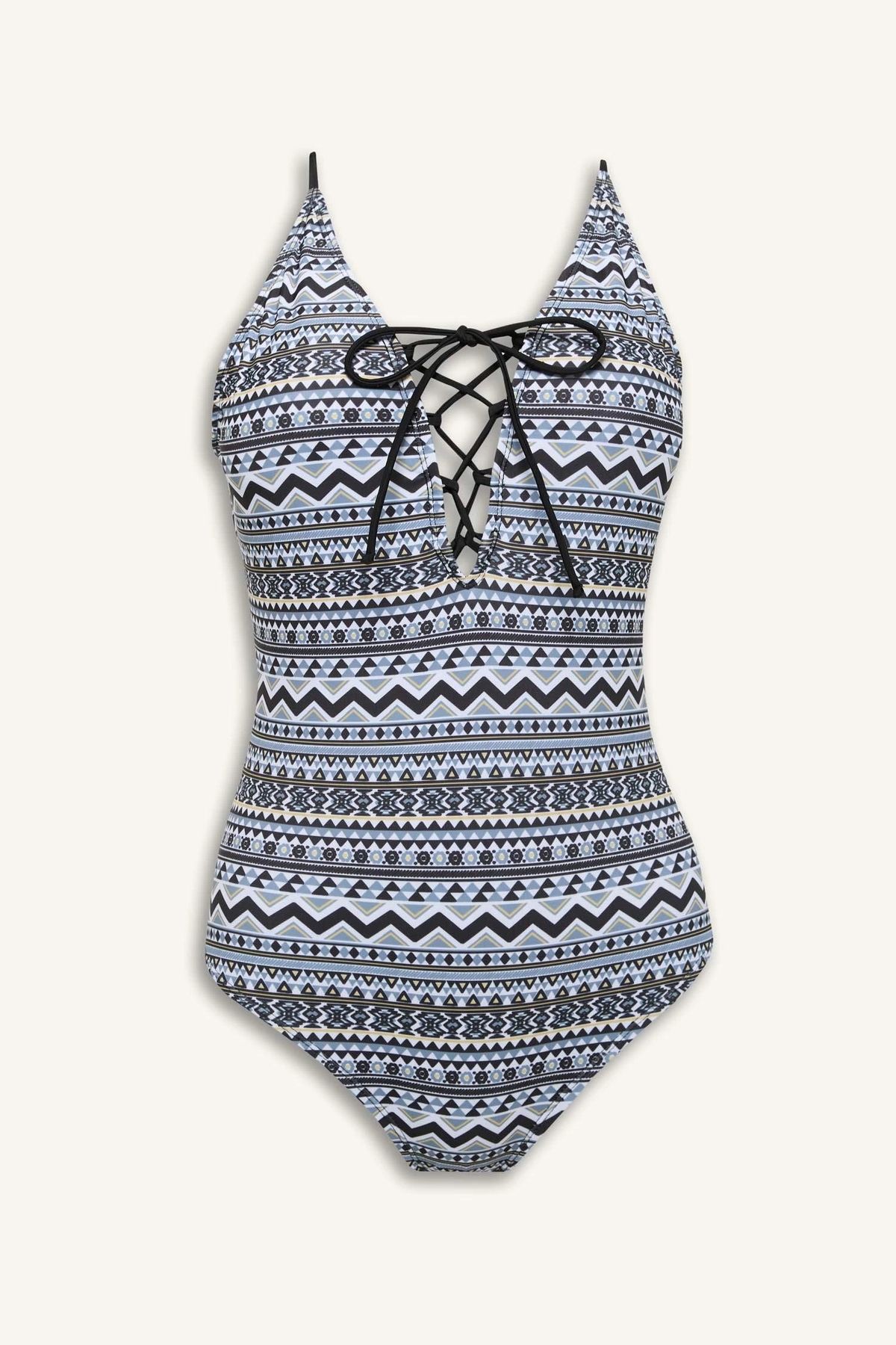 DeFacto T3656 Siyah Fall in Love Regular Fit Etnik Desenli Mayo