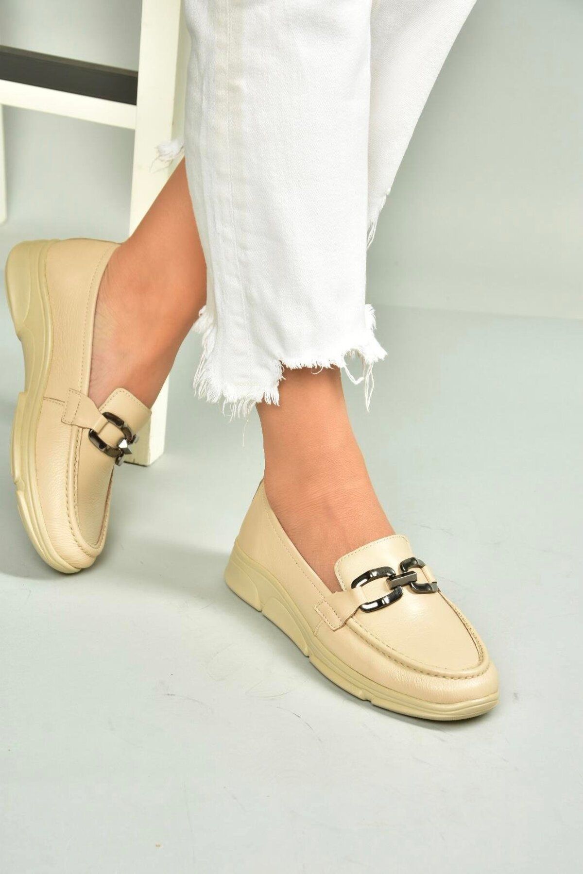 Fox Shoes T555081403 Bej Hakiki Deri Günlük Kadın Ayakkabı
