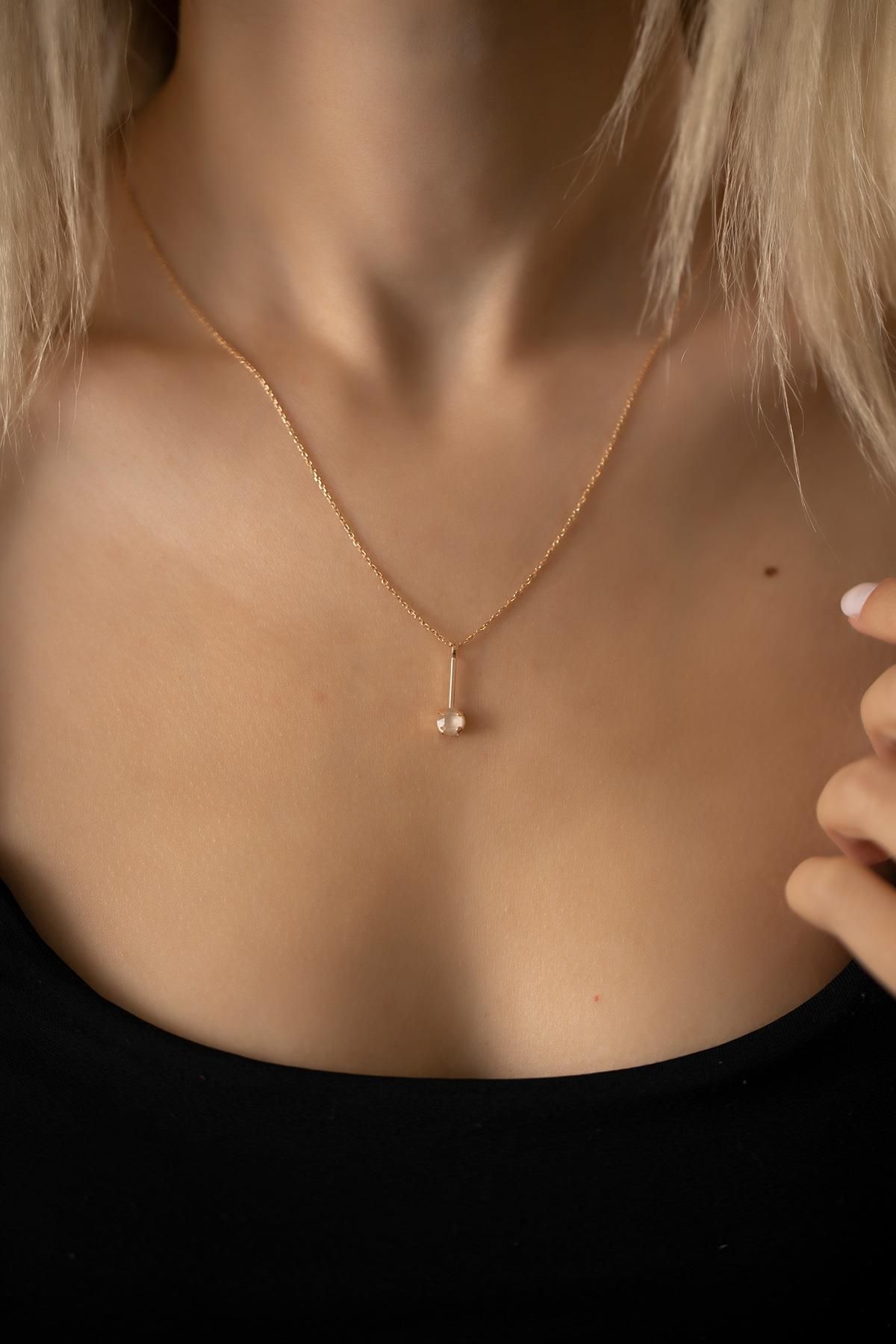 Ninova Silver Çubuk Model Rose Kaplama Gümüş Crystal Kolye