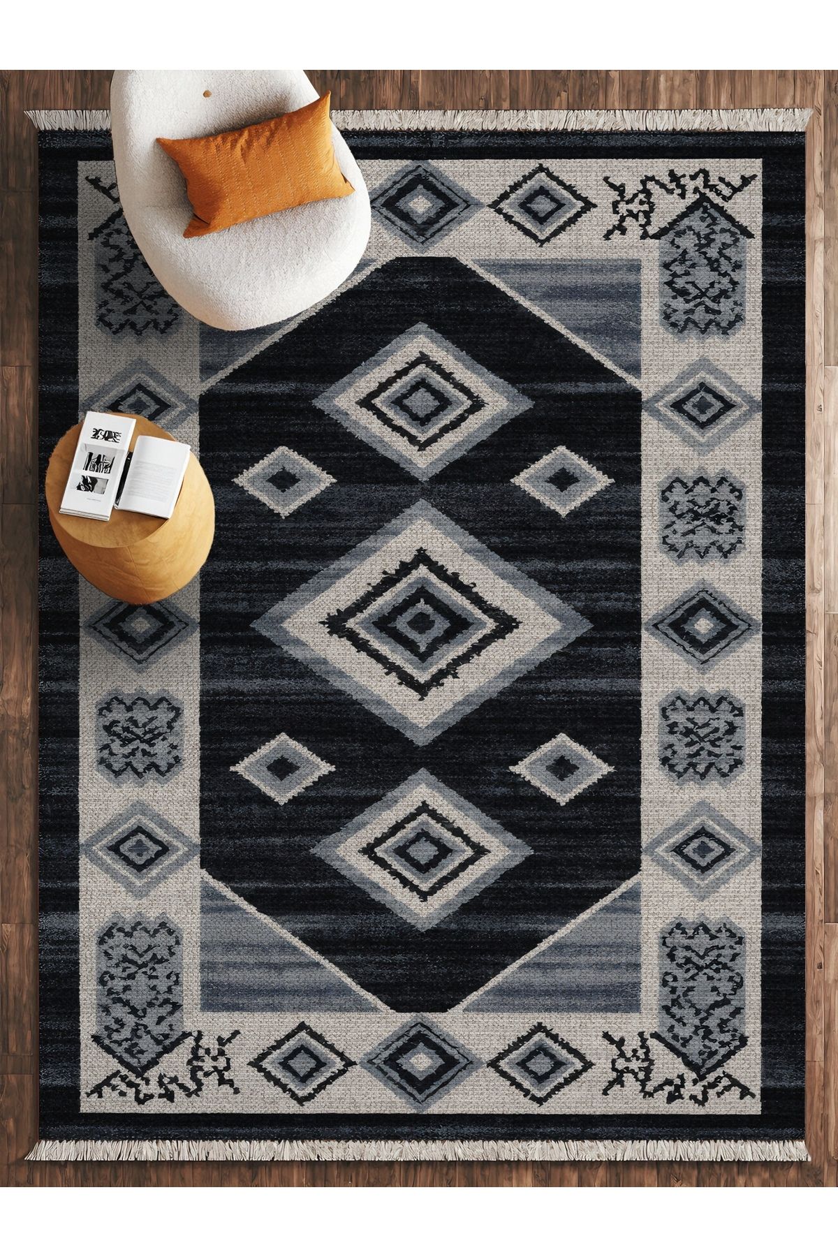 HALIZZON Modern Geometrik Halı Siyah Gri Elmas Desenli Minimal Salon Halısı