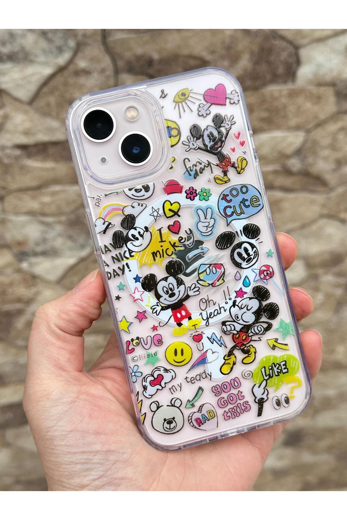 Vip Case Iphone 15 Plus-şeffaf Magsafe Mickey Mause Desenli Kablosuz Şarj Destekli Mickeymix Kılıf 277
