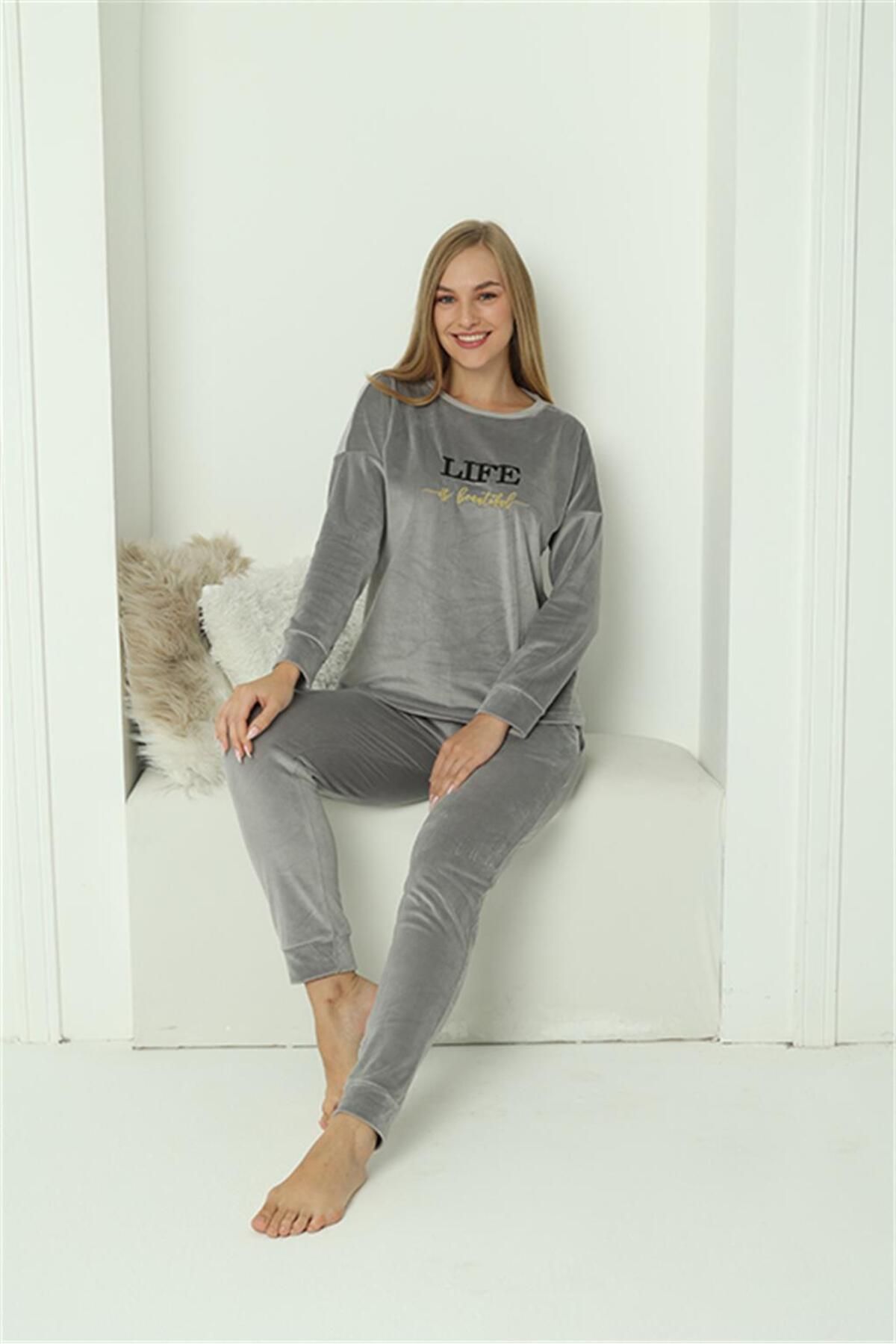PuShe Moda Çizgi Kadın Kadife Gri Pijama Takım 20624