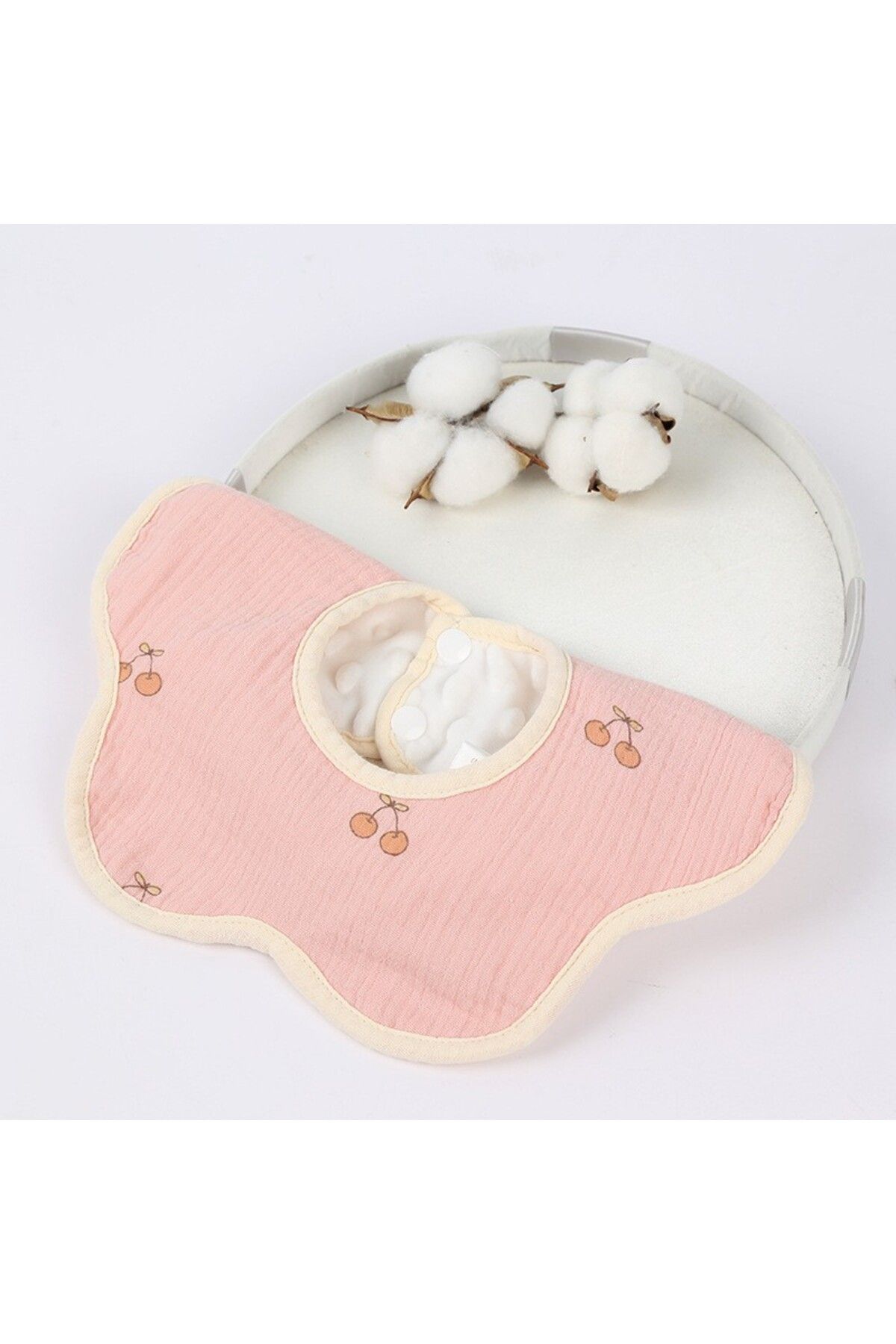 Flippy-Bavetă Bebe Floare, Bumbac, 0–12 Luni, Impermeabilă, Capse, Model Cireșe, 26x29 cm, Roz 5