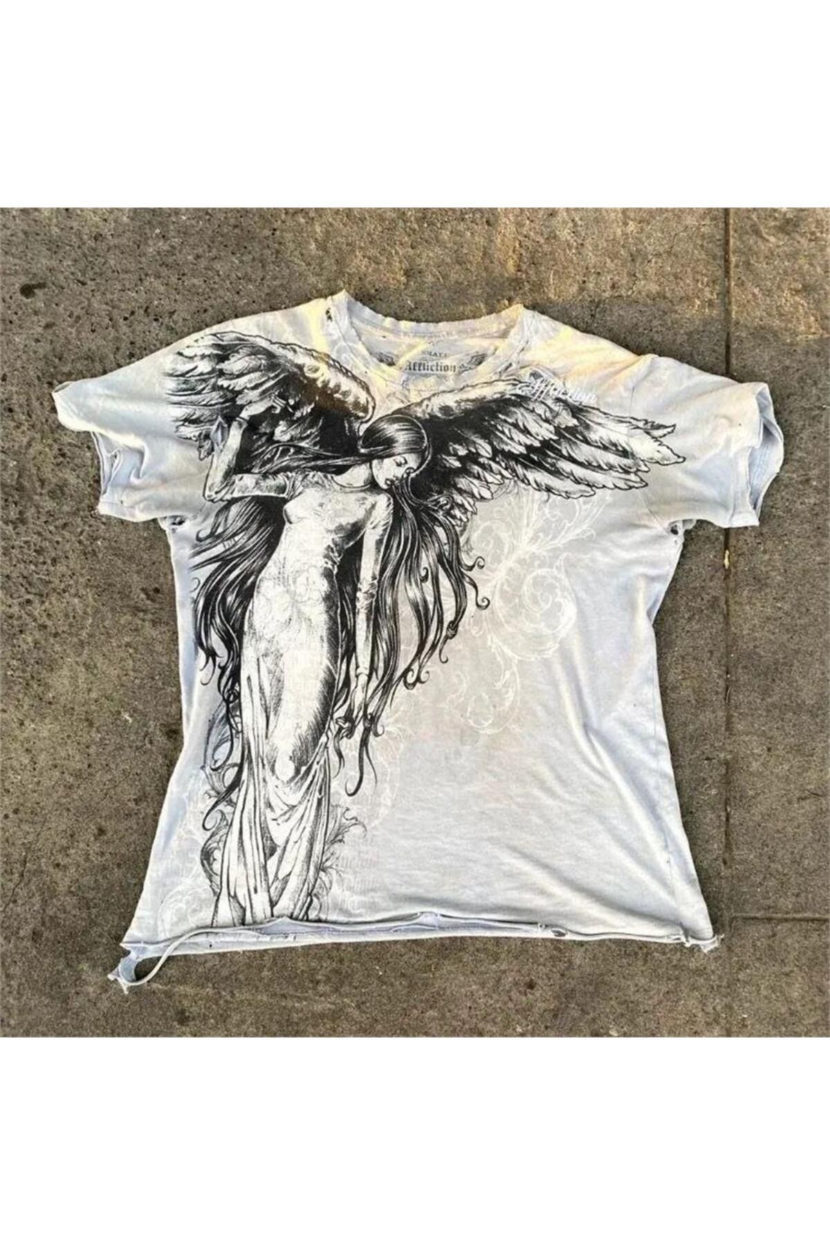 BALİNA Beyaz Vintage Angel Affaction Cyber Grunge Unisex T-shirt -ALH