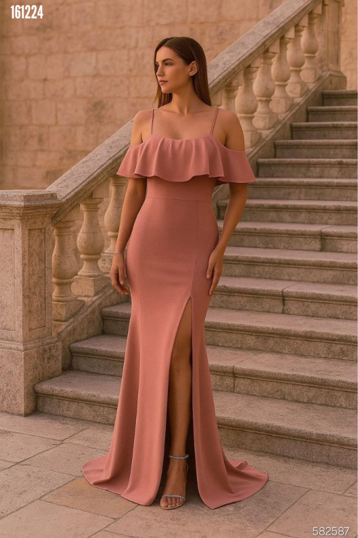 Kokosh moda Kadın Askılı Maxi Boy Yırtmaçlı Krep Kumaş Abiye Elbise
