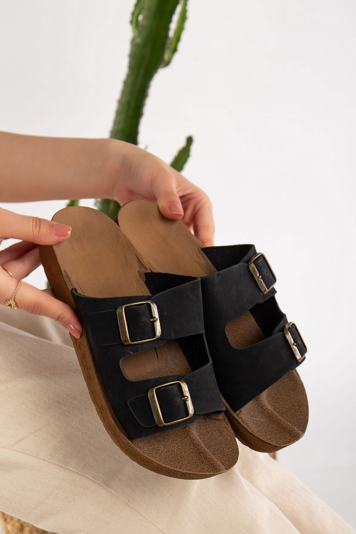 ALTUNTAŞ Unisex Ortopedik Taban Terlik Çift Bantlı Tokalı Günlük Rahat Ev Ve Dışarı Terliği