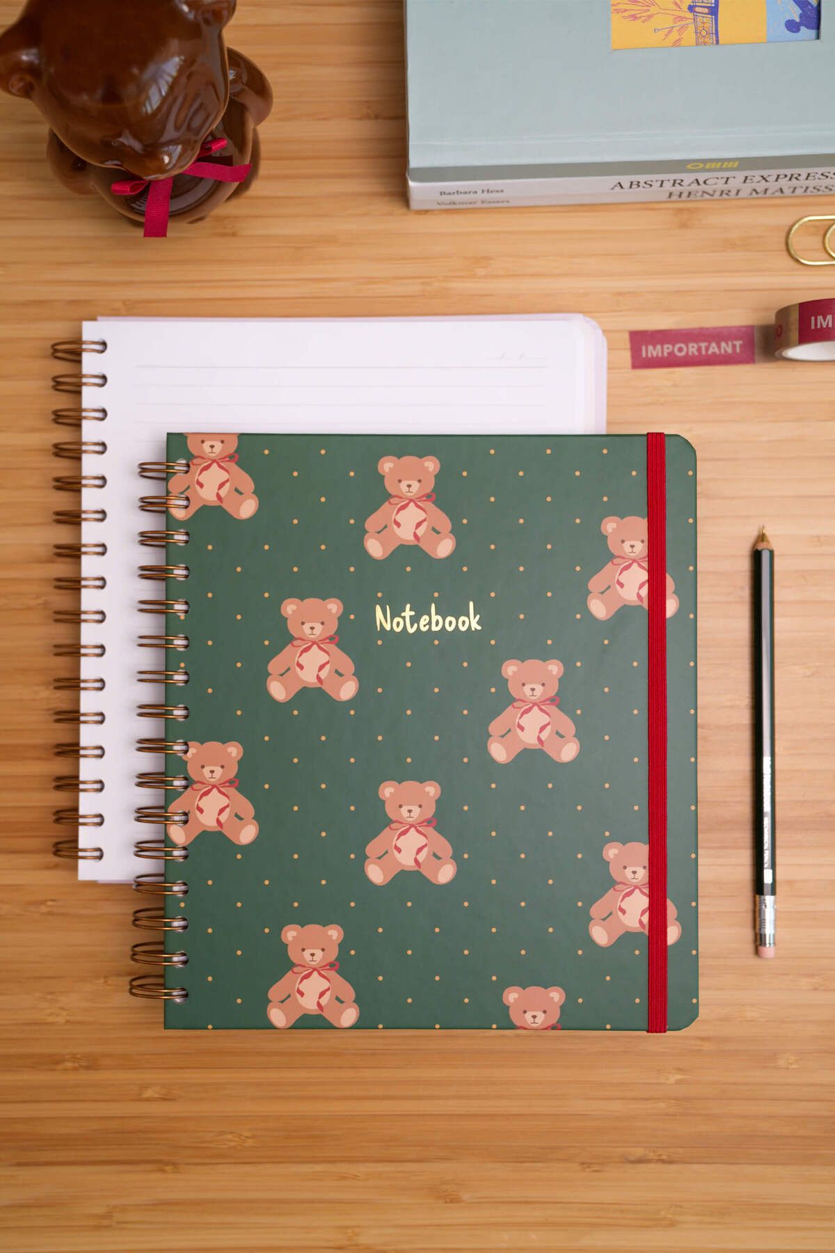 Matt Notebook-19X21 cm Square Elastic Spiral Hard Cover Notepad Lined Teddy Bears 2
