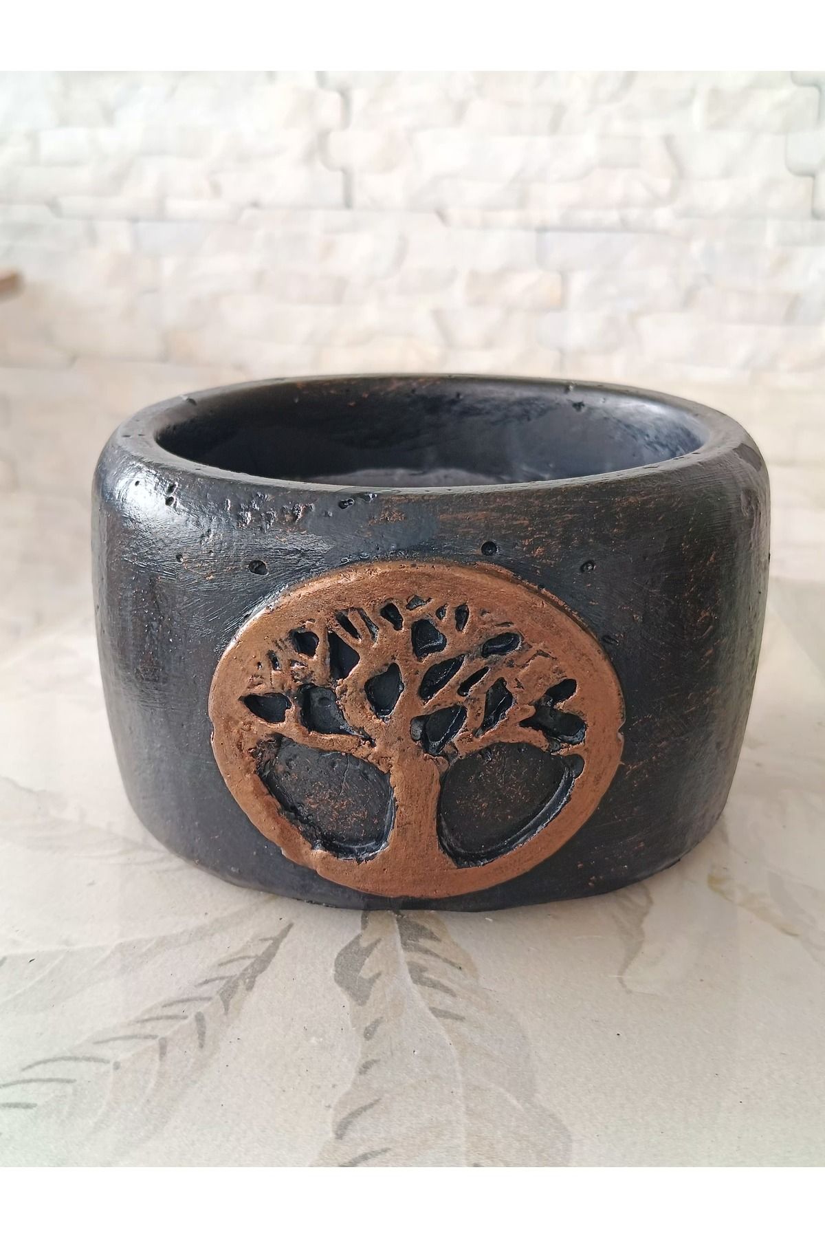 Botanicasa Hayat Ağacı Temalı El Boyaması Bronz Eskitme Taş Saksı