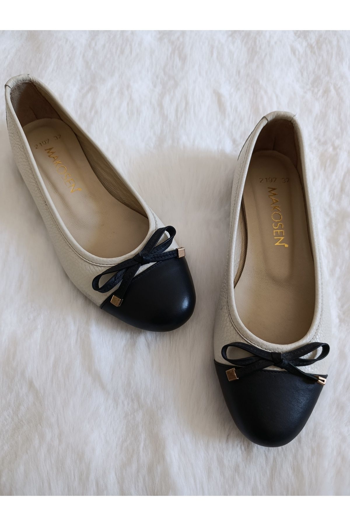 Ay Shoes Kadın Siyah Bej Hakiki Deri 34-42 Numara Babet
