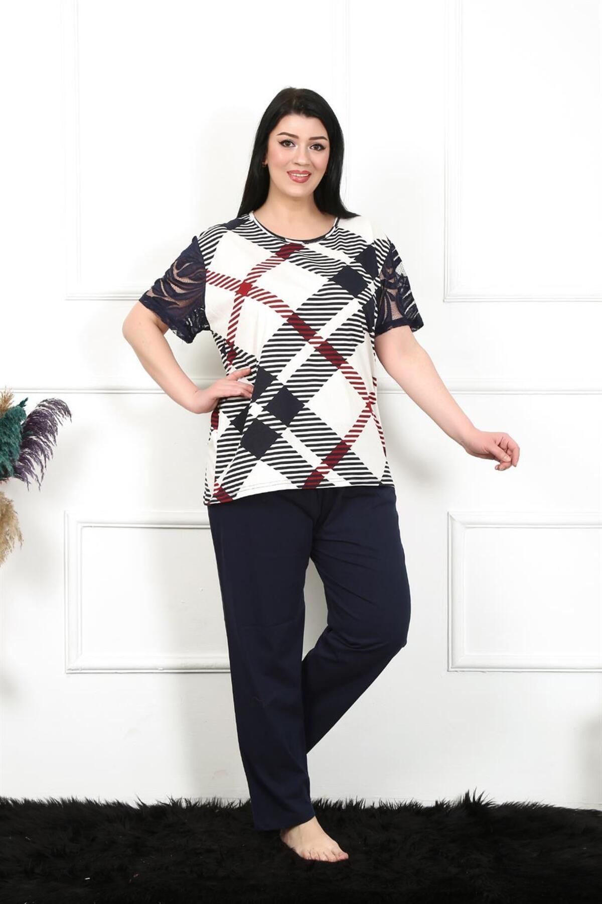 PuShe Moda Çizgi Kadın 5XL-6XL-7XL-8XL Büyük Beden Kısa Kol Pijama Takım 75003
