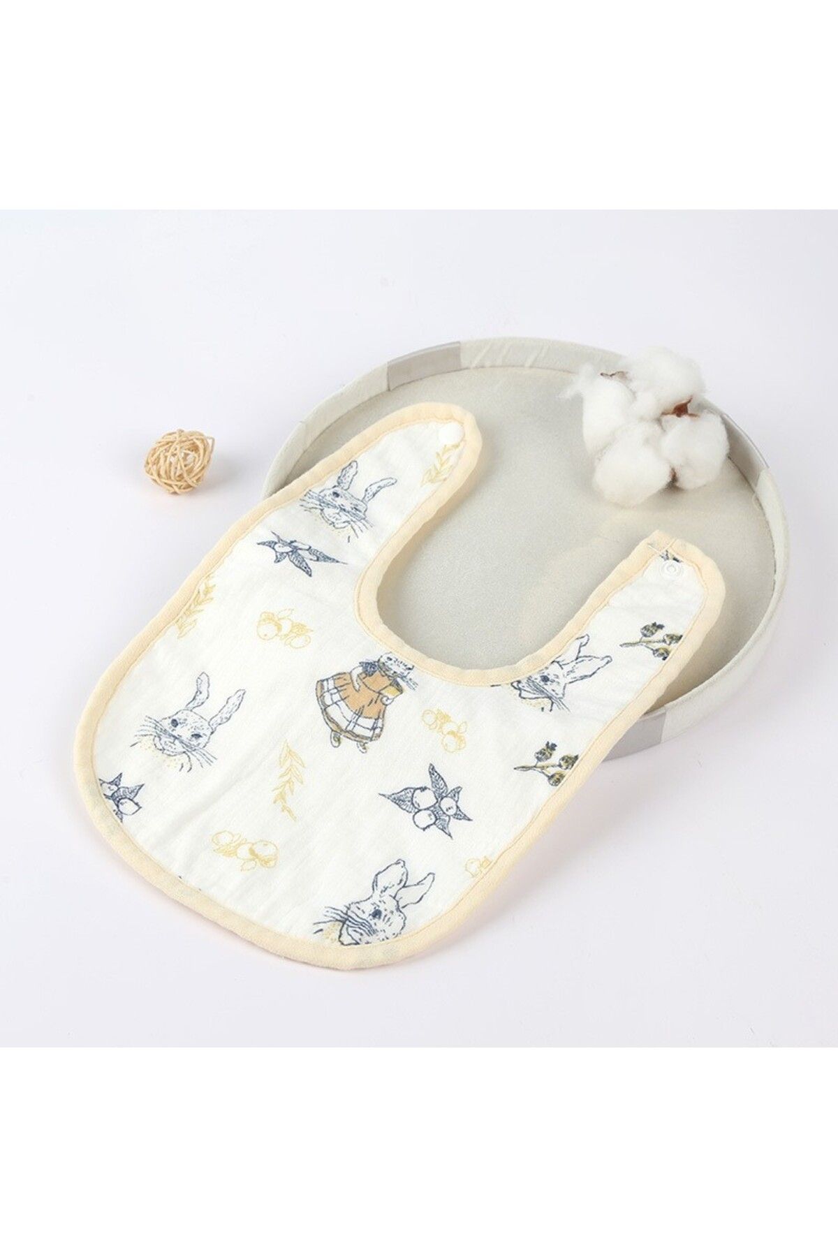 Flippy-Bavetă Bebe Forma De U, Bumbac, 0–12 Luni, Impermeabilă, Capse, Model Iepuraș, 21x30cm, Bej 2