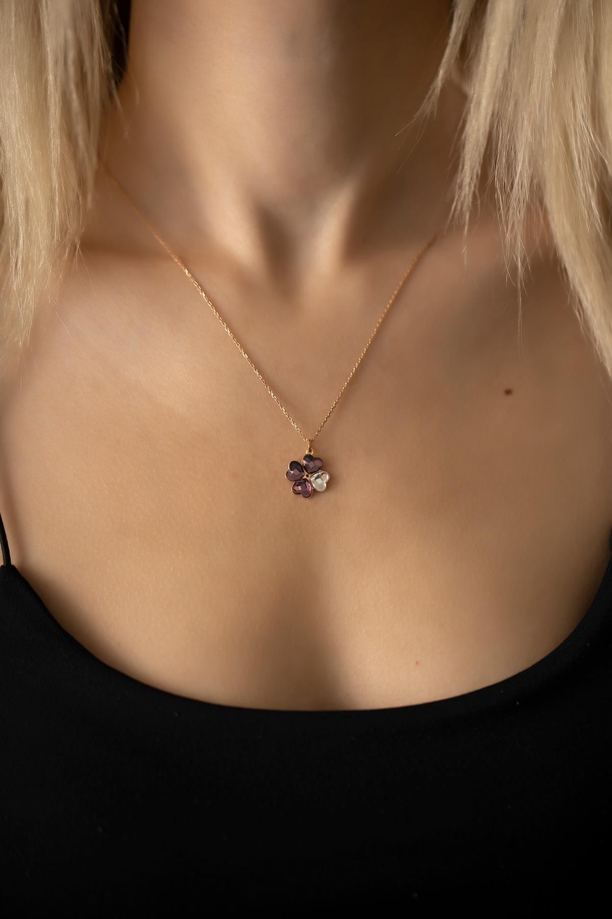 Ninova Silver Yonca Model Rose Kaplama Gümüş Crystal Kolye