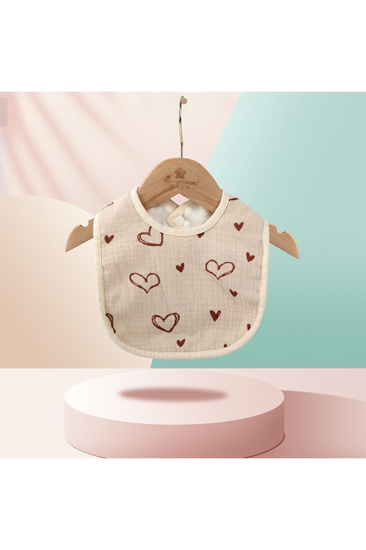 Flippy-Bavetă Bebe U-shape, Bumbac, 0–12 Luni, Impermeabilă, Capse, Model Inimă, 21x30 Cm, Bej 2