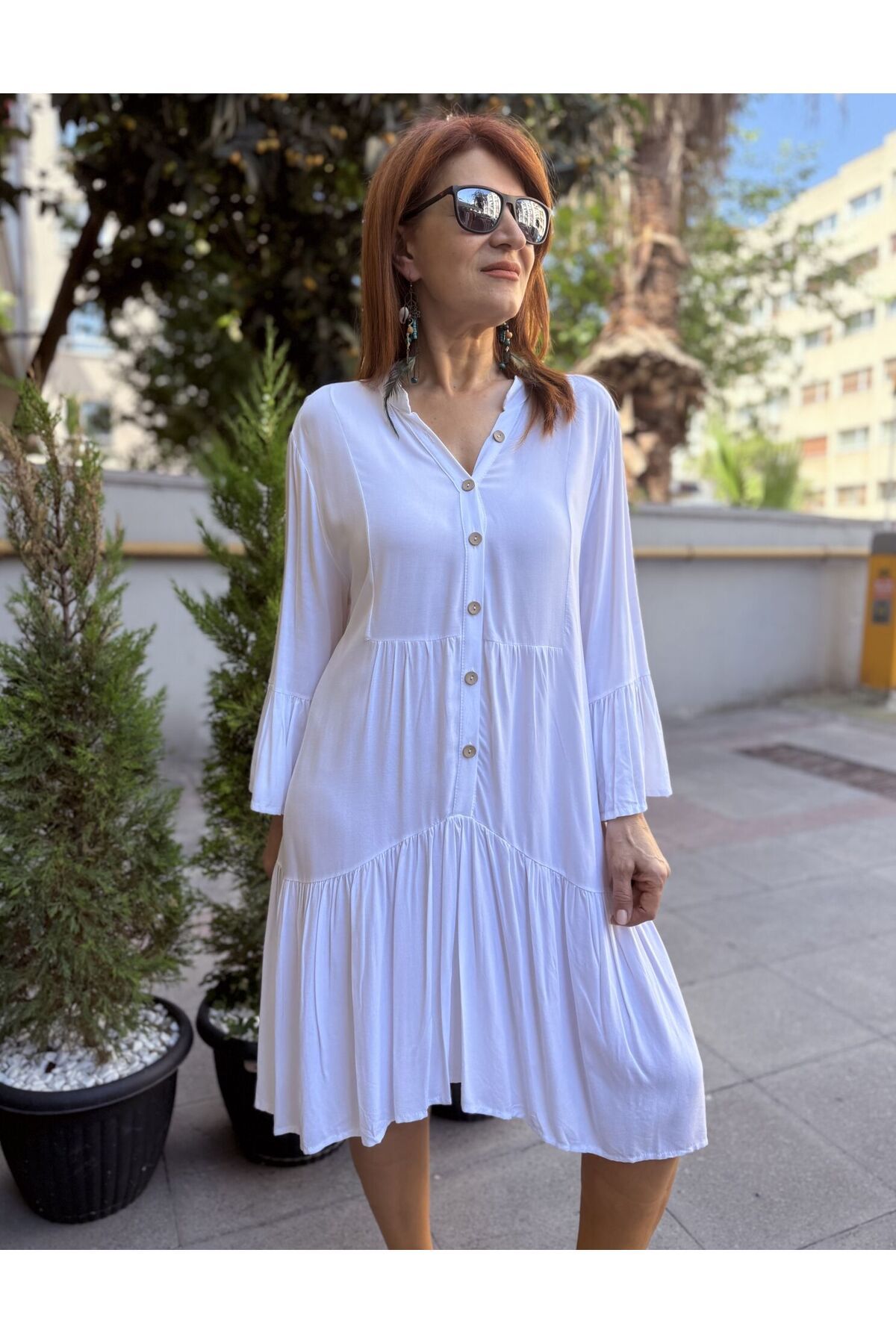 DenizEge L-Fırfırlı Viskon Elbise Beyaz