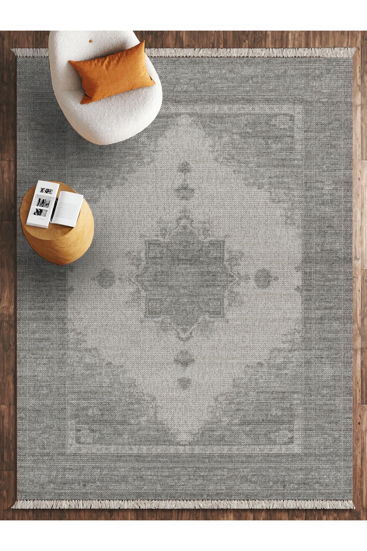 HALIZZON Gri Vintage Medalyon Halı Faded Desenli Soft Touch Minimal Halı