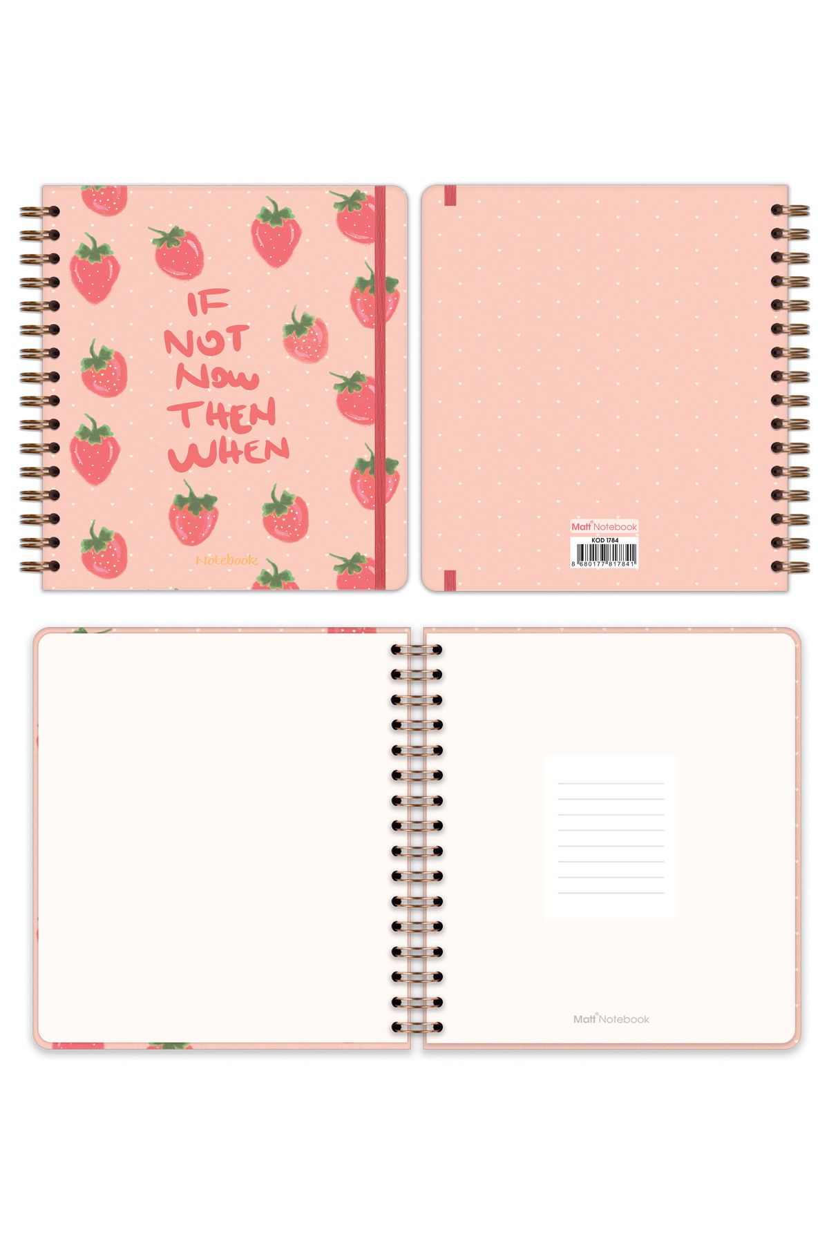 Matt Notebook-19x21 cm Pătrat Elastic Spiral Copertă Tare Blocnotes Căpșuni cu rigle 6