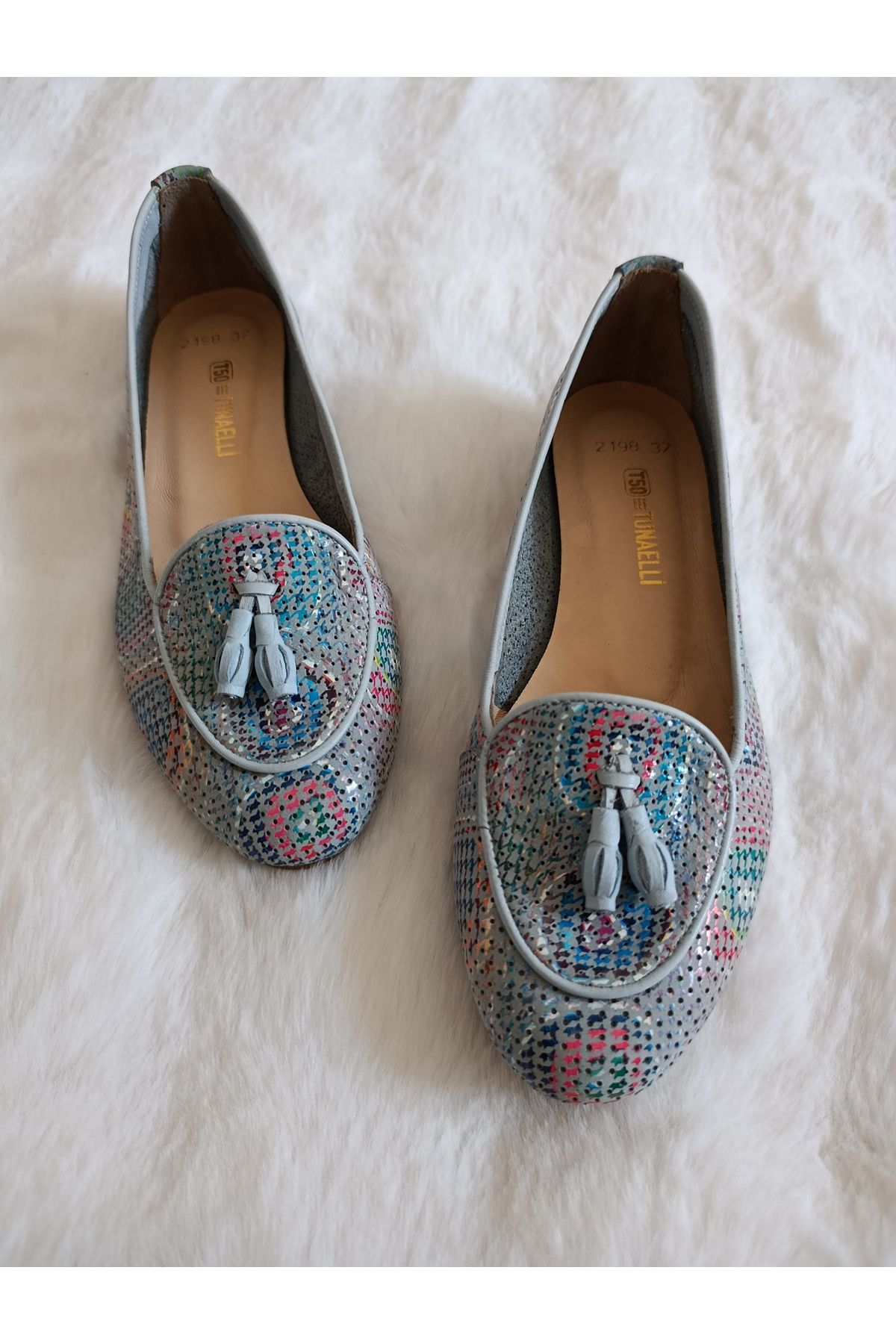 Ay Shoes Kadın Beyaz Desenli Deri 34-42 Numara Babet