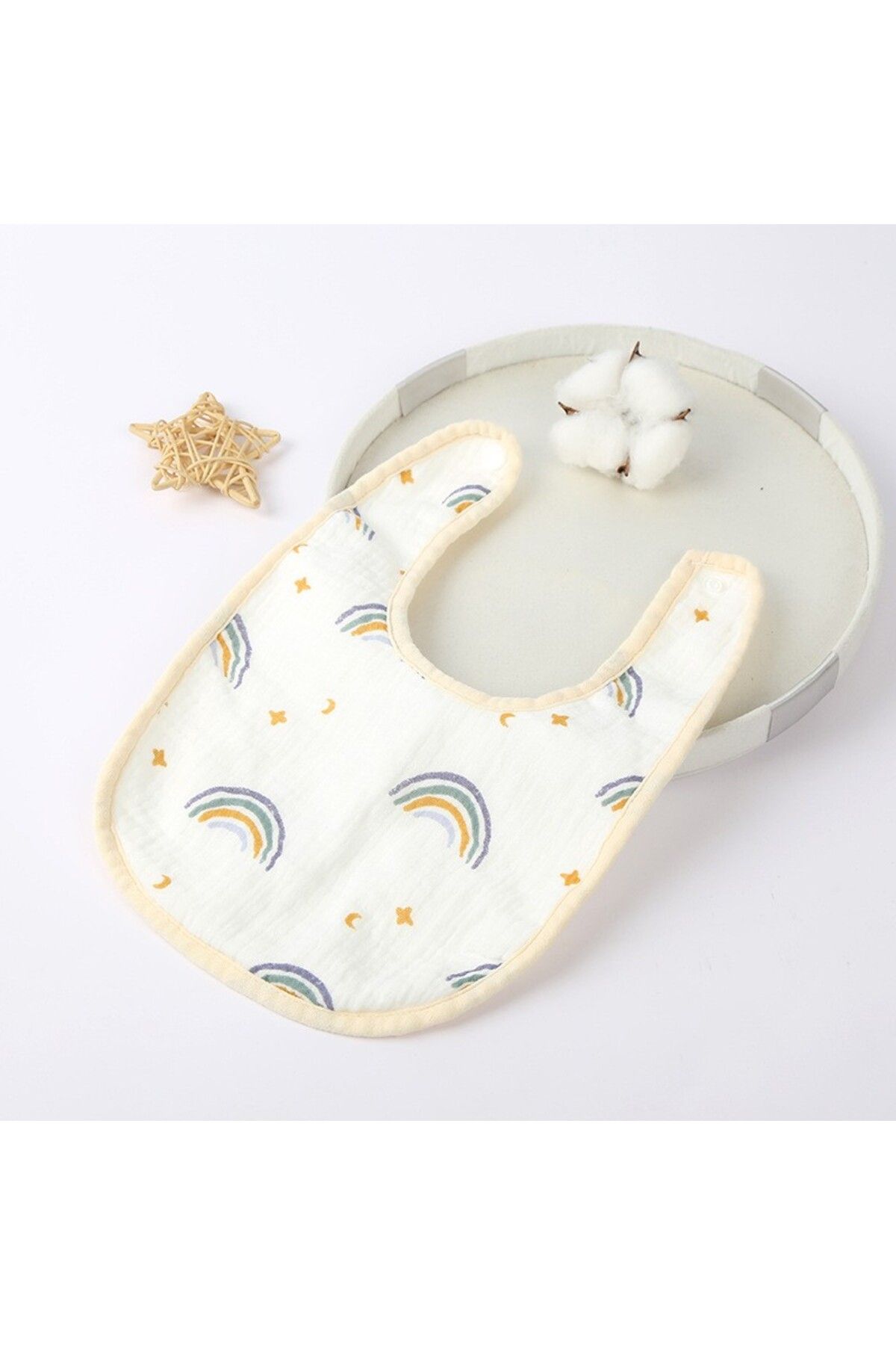 Flippy-Bavetă Bebe U-shape, Bumbac, 0–12 Luni, Impermeabilă, Capse, Model Curcubeu, 21x30 Cm, Bej 3