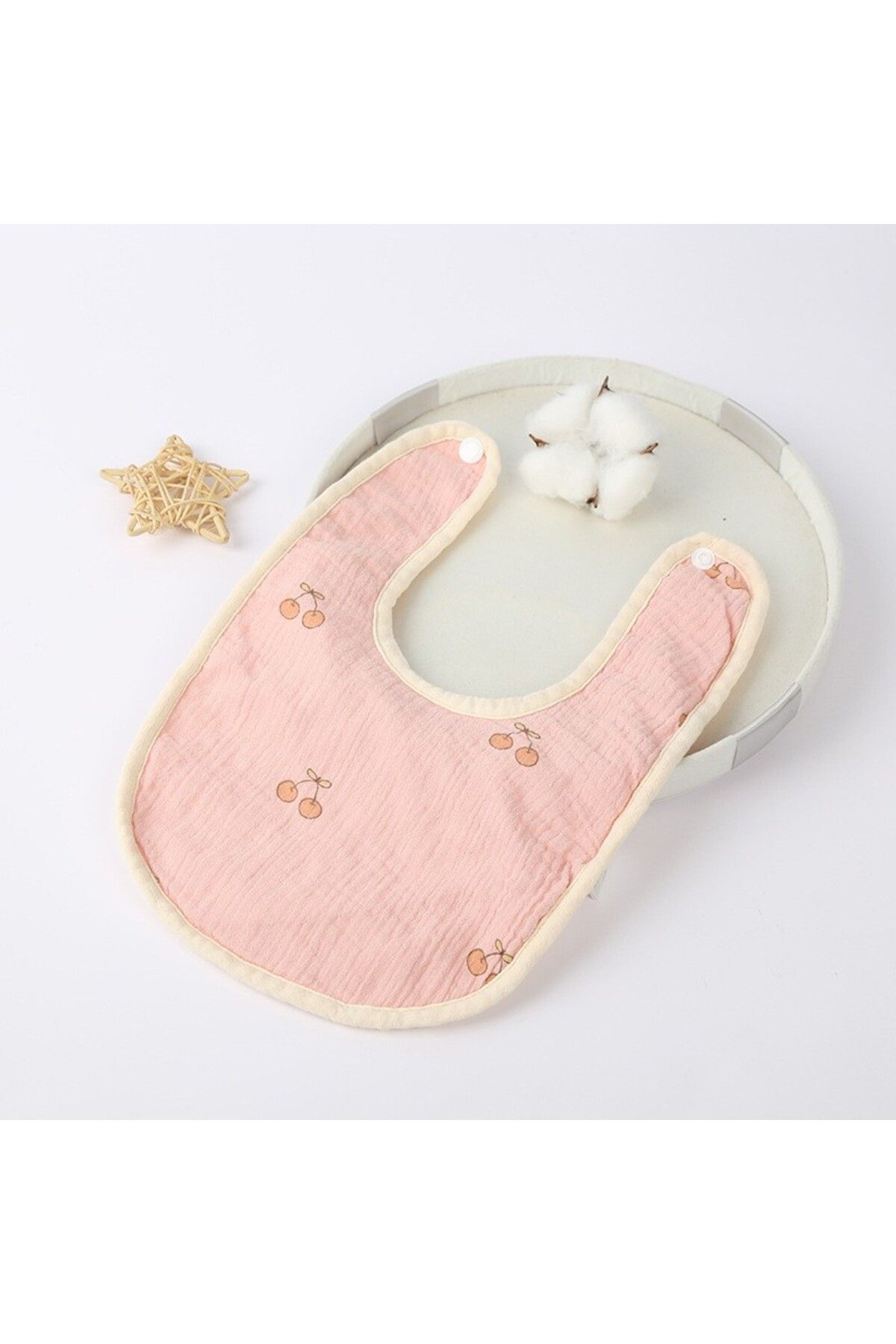 Flippy-Bavetă Bebe U-shape, Bumbac, 0–12 Luni, Impermeabilă, Capse, Model Cireșe, 21x30 Cm, Roz 3