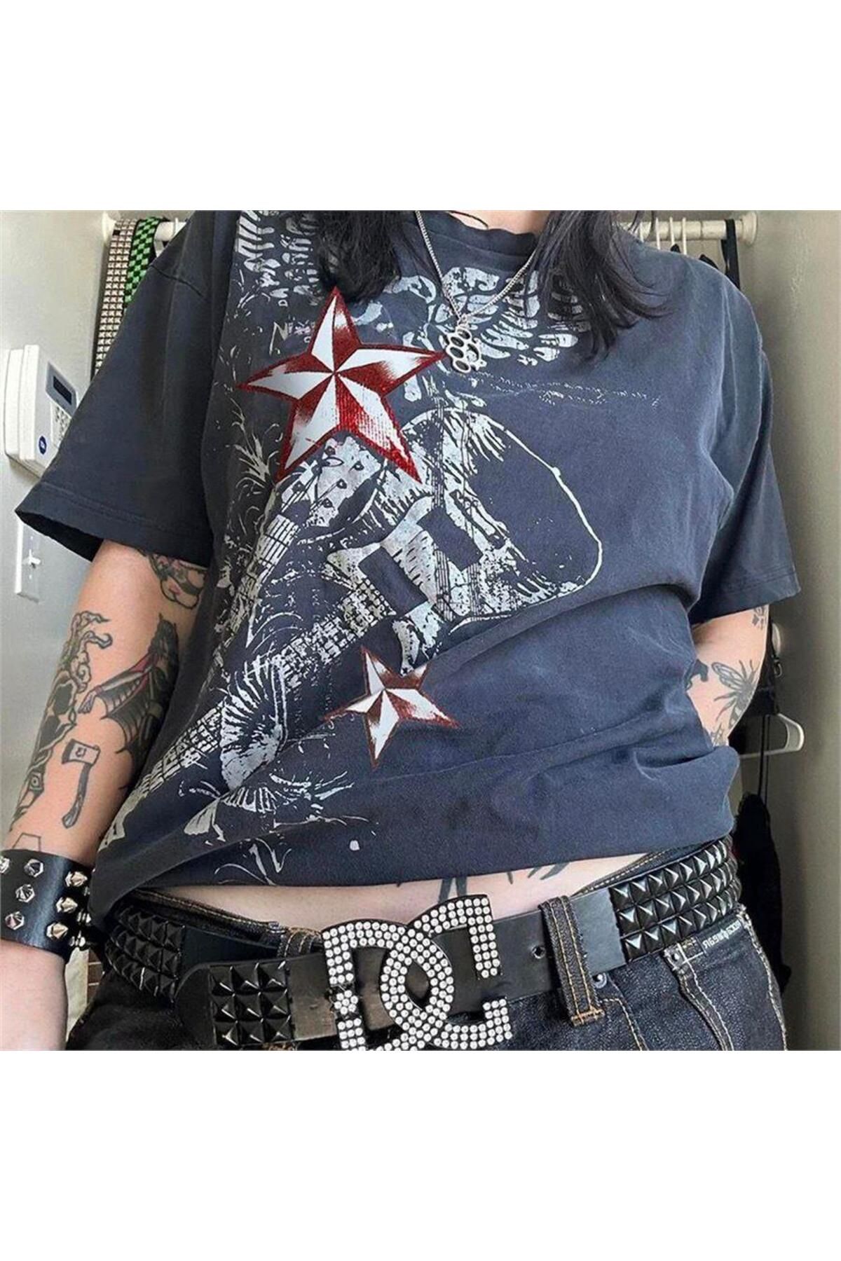 BALİNA Füme Eagle Vintage Guitar Red Star Cyber Grunge Unisex T-shirt -BLN