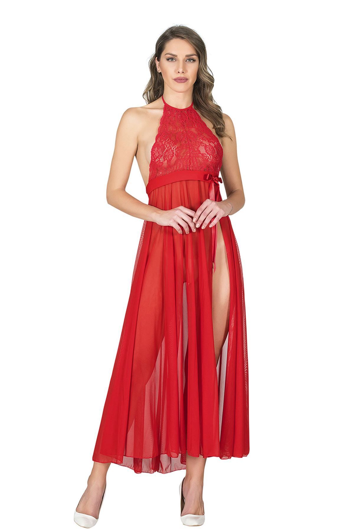 Sistina Kırmızı Dantelli Tül Gecelik - M057 - Beden L/XL