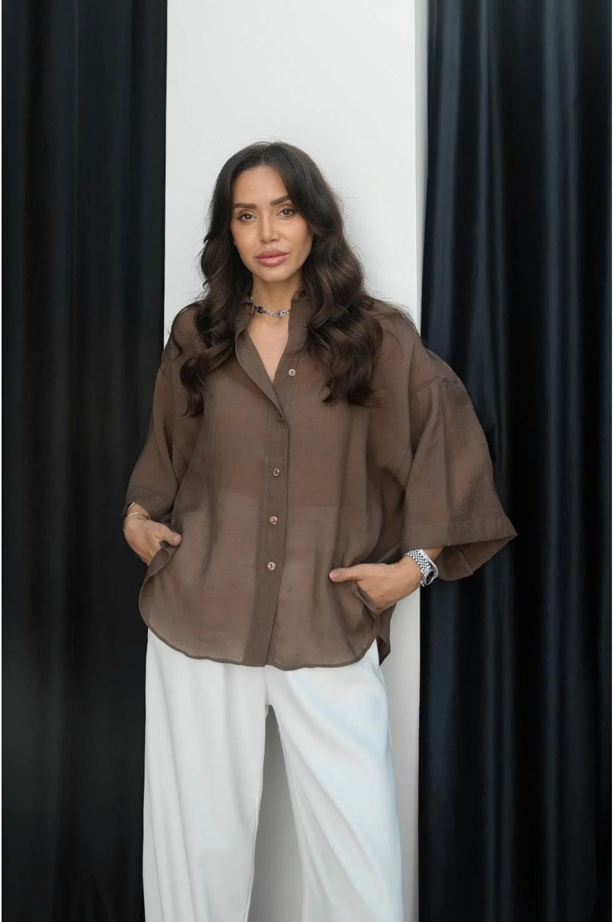 My Blog Tarçın Oversize İpeksi Gömlek - 4927